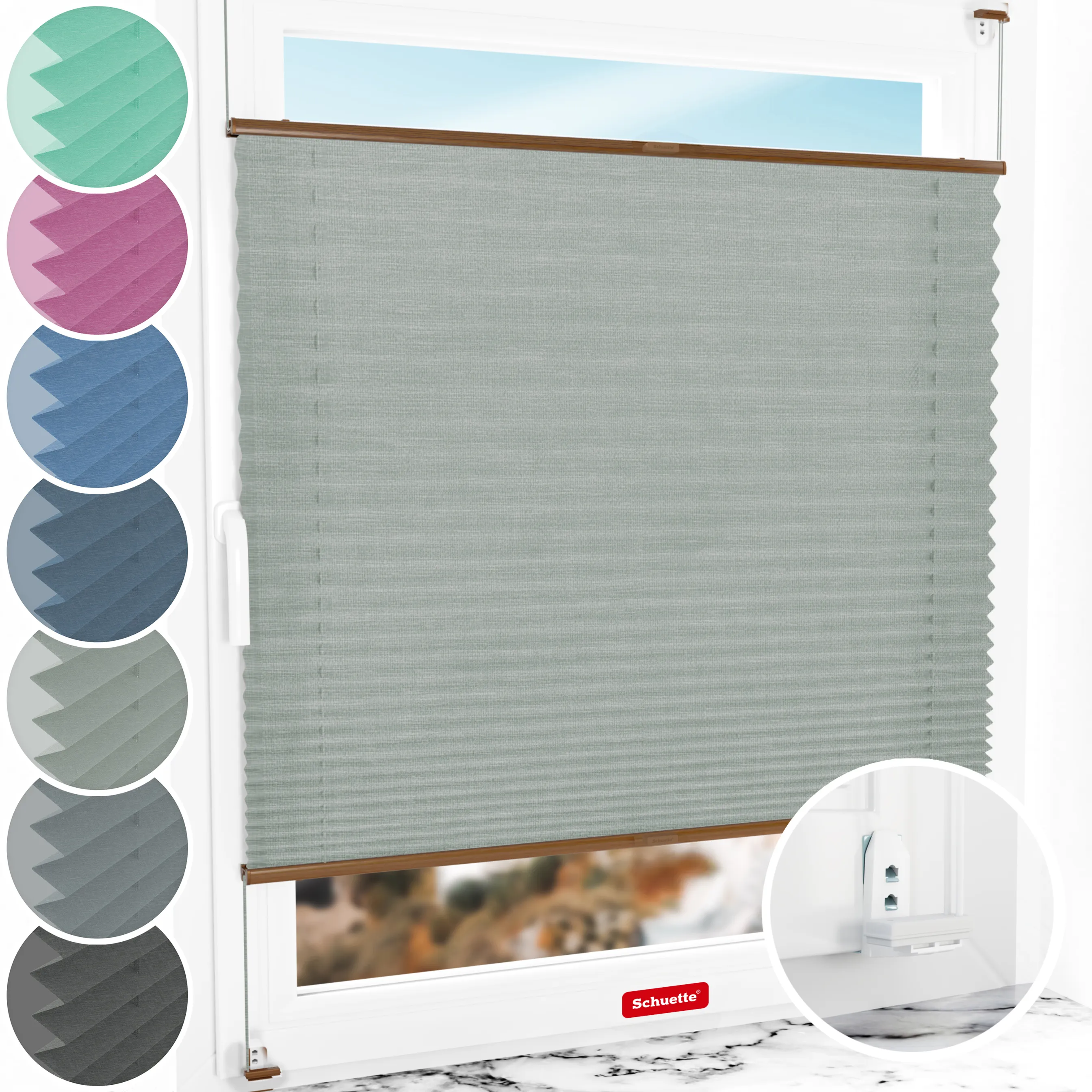 Schuette® Plissee mit Bohren nach Maß • Suprafix "Double 2in1" Schraub- & Klemmhalter • Melange Kollektion: On The Road (Grau) • Profilfarbe: Eiche