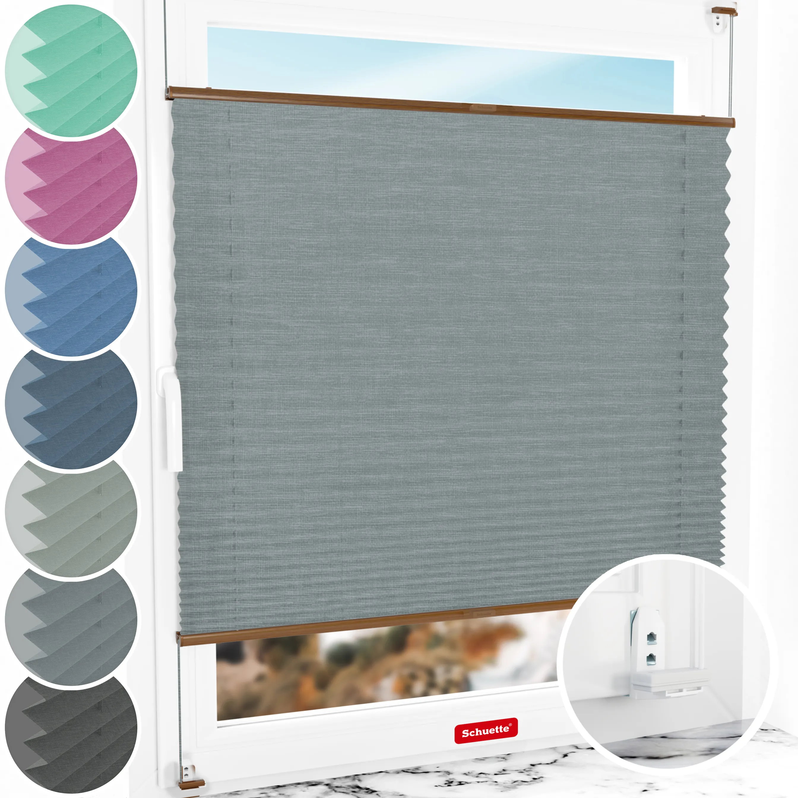 Schuette® Plissee mit Bohren nach Maß • Suprafix "Double 2in1" Schraub- & Klemmhalter • Melange Kollektion: Rocky Mountain (Grau) • Profilfarbe: Eiche