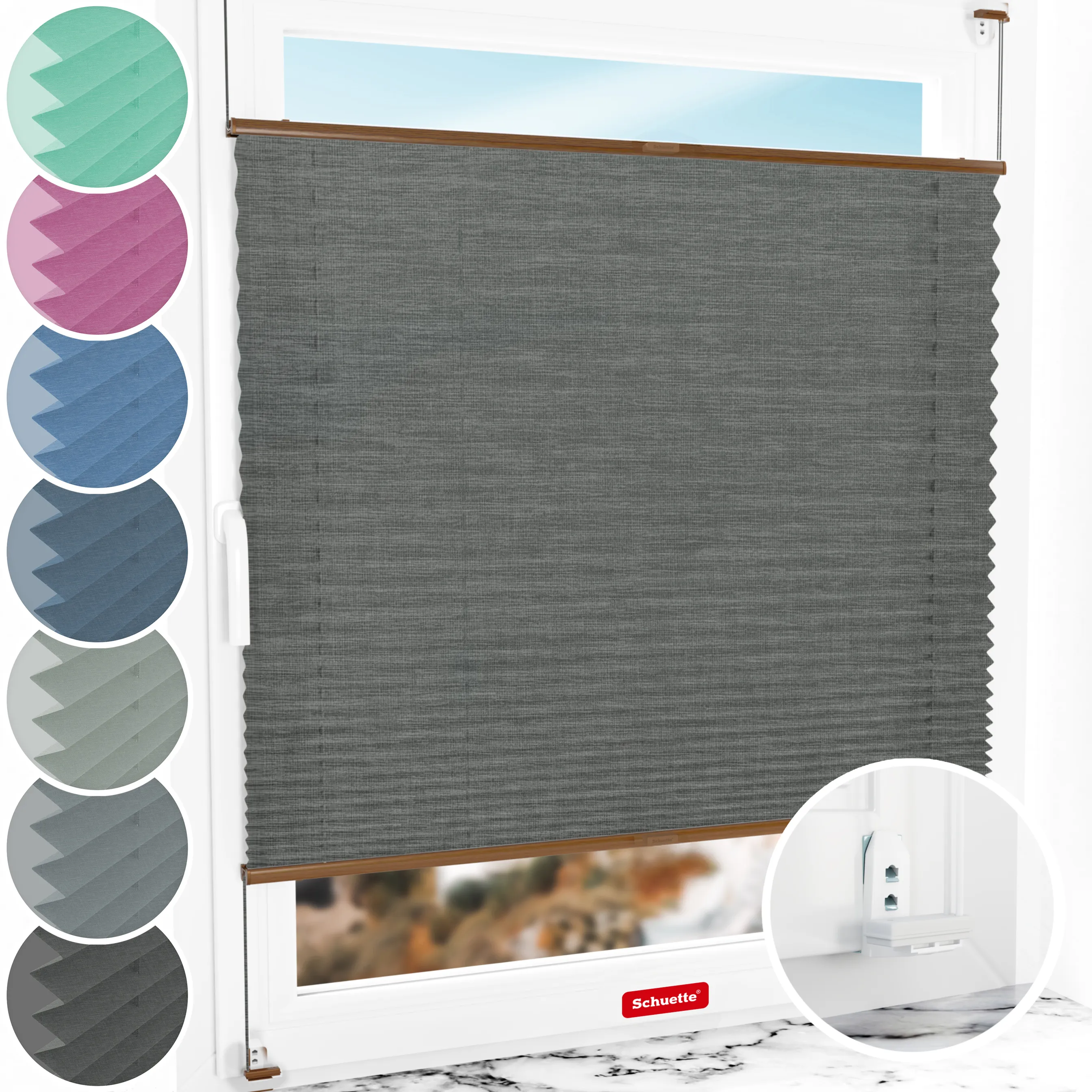 Schuette® Plissee mit Bohren nach Maß • Suprafix "Double 2in1" Schraub- & Klemmhalter • Melange Kollektion: Black Pearl (Schwarz) • Profilfarbe: Eiche