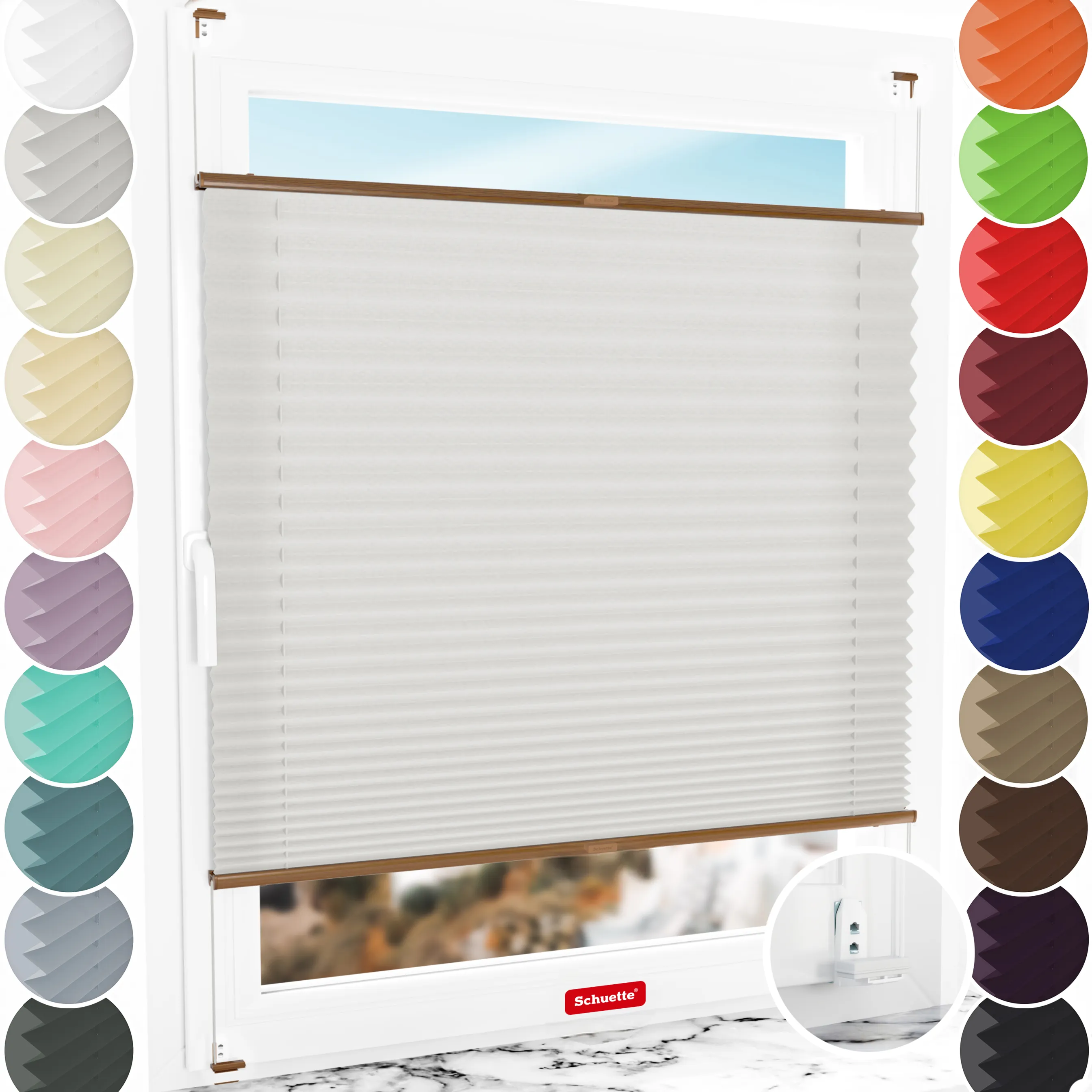 Schuette® Plissee mit Bohren nach Maß • Suprafix "Double 2in1" Schraub- & Klemmhalter • Premium Kollektion: A Way Home (Silber) • Profilfarbe: Eiche