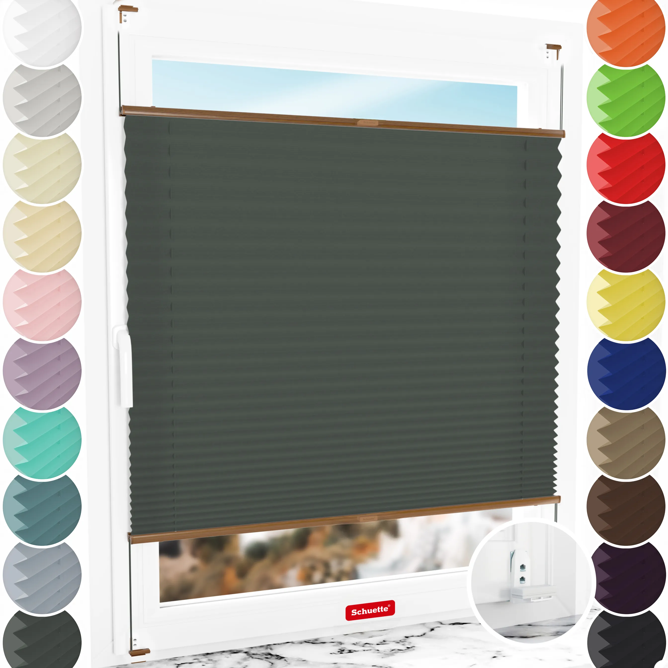 Schuette® Plissee mit Bohren nach Maß • Suprafix "Double 2in1" Schraub- & Klemmhalter • Premium Kollektion: Rocky Mountain (Graphit) • Profilfarbe: Eiche