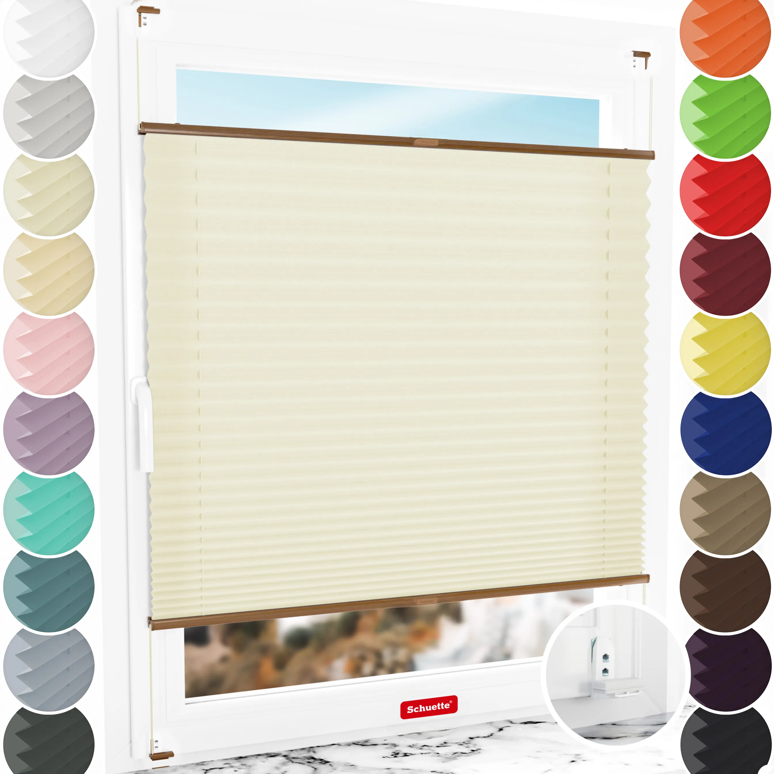 Schuette® Plissee mit Bohren nach Maß • Suprafix "Double 2in1" Schraub- & Klemmhalter • Premium Kollektion: Vanilla Ice Cream (Creme) • Profilfarbe: Eiche