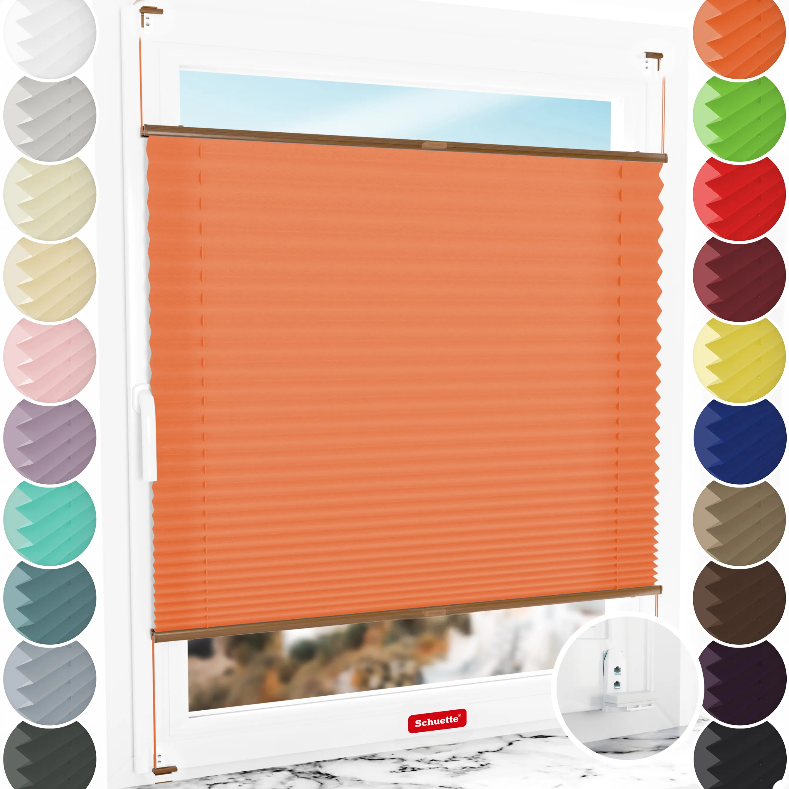 Schuette® Plissee mit Bohren nach Maß • Suprafix "Double 2in1" Schraub- & Klemmhalter • Premium Kollektion: Sunset (Orange) • Profilfarbe: Eiche