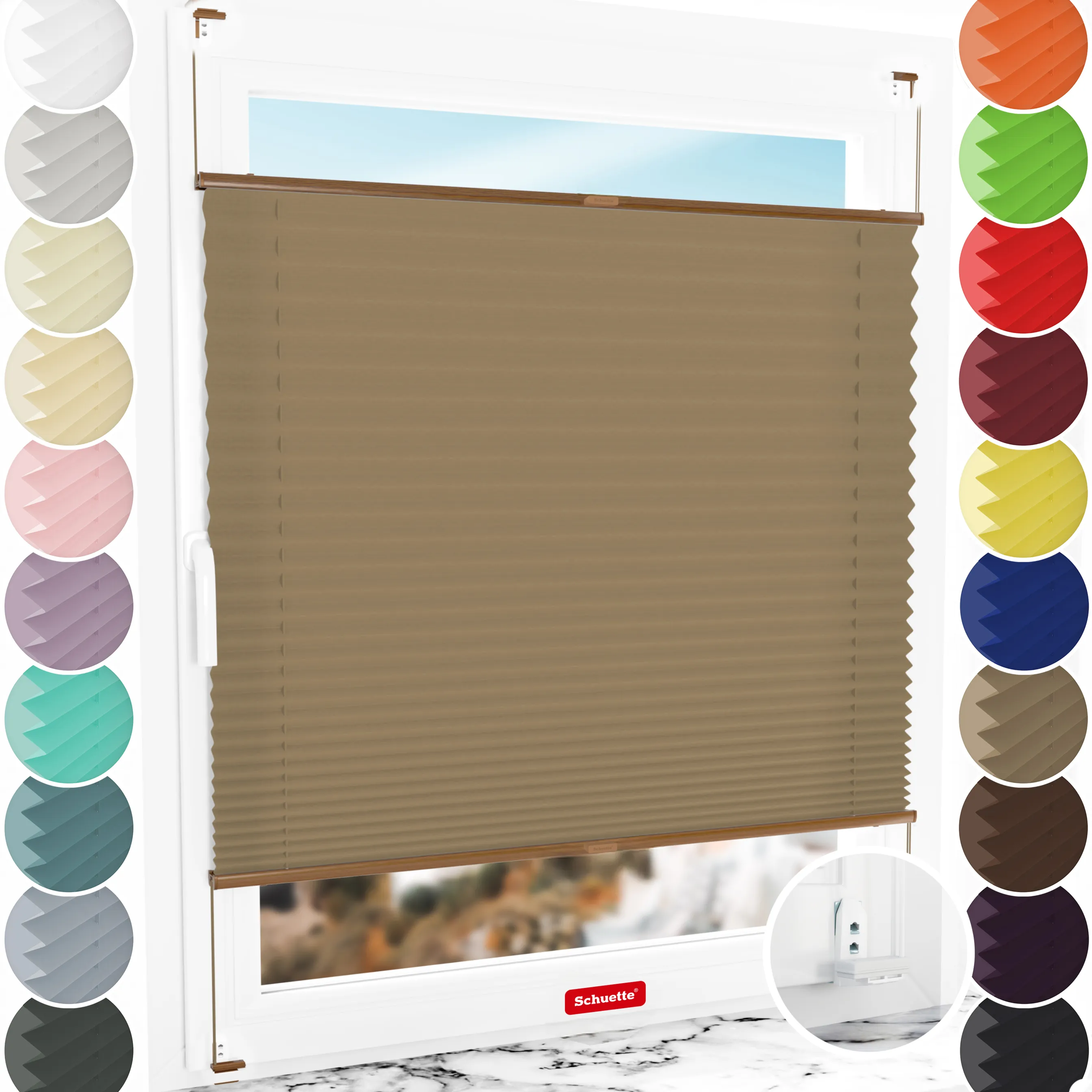 Schuette® Plissee mit Bohren nach Maß • Suprafix "Double 2in1" Schraub- & Klemmhalter • Premium Kollektion: Morning Coffee (Hellbraun) • Profilfarbe: Eiche