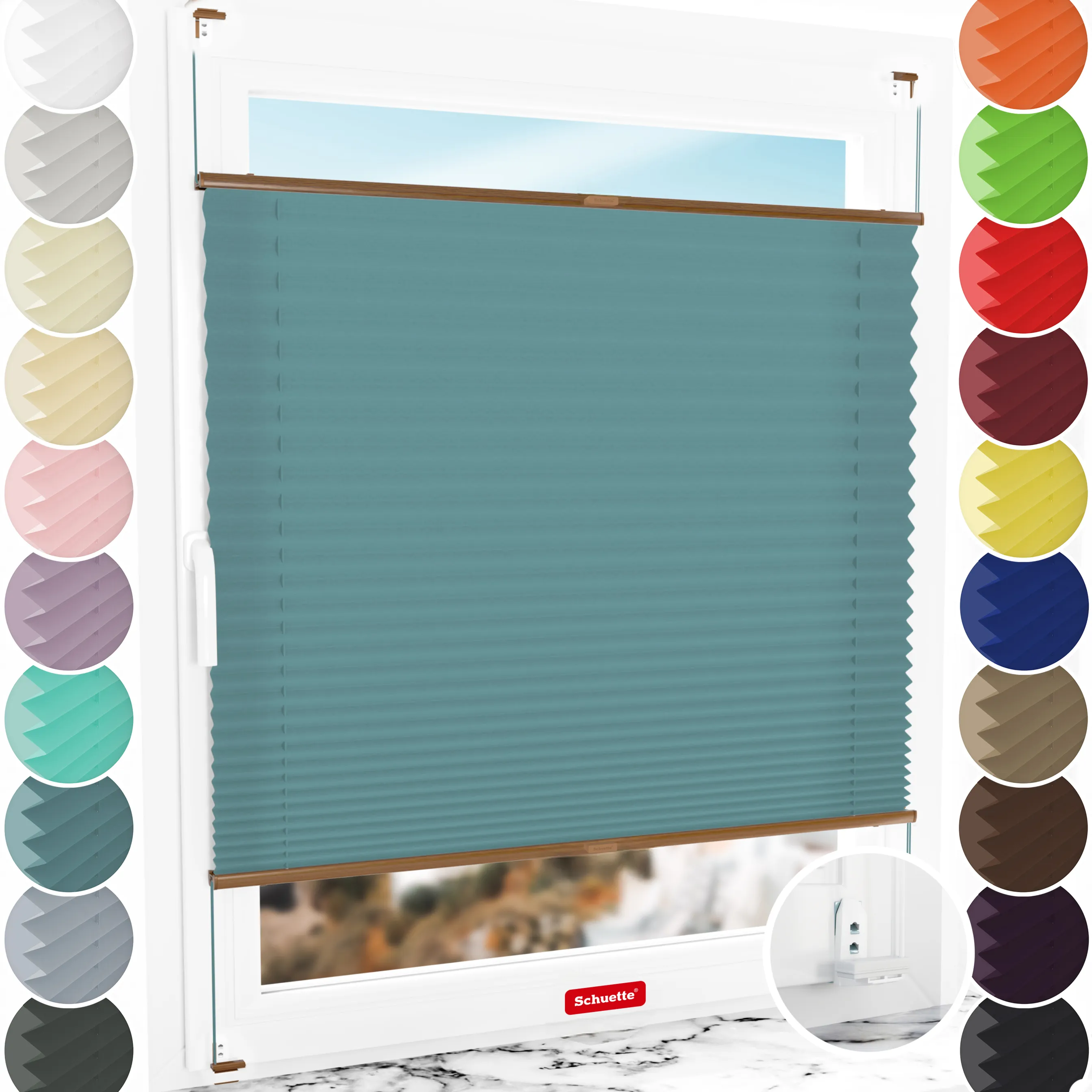 Schuette® Plissee mit Bohren nach Maß • Suprafix "Double 2in1" Schraub- & Klemmhalter • Premium Kollektion: Cove Calm (Taubenblau) • Profilfarbe: Eiche