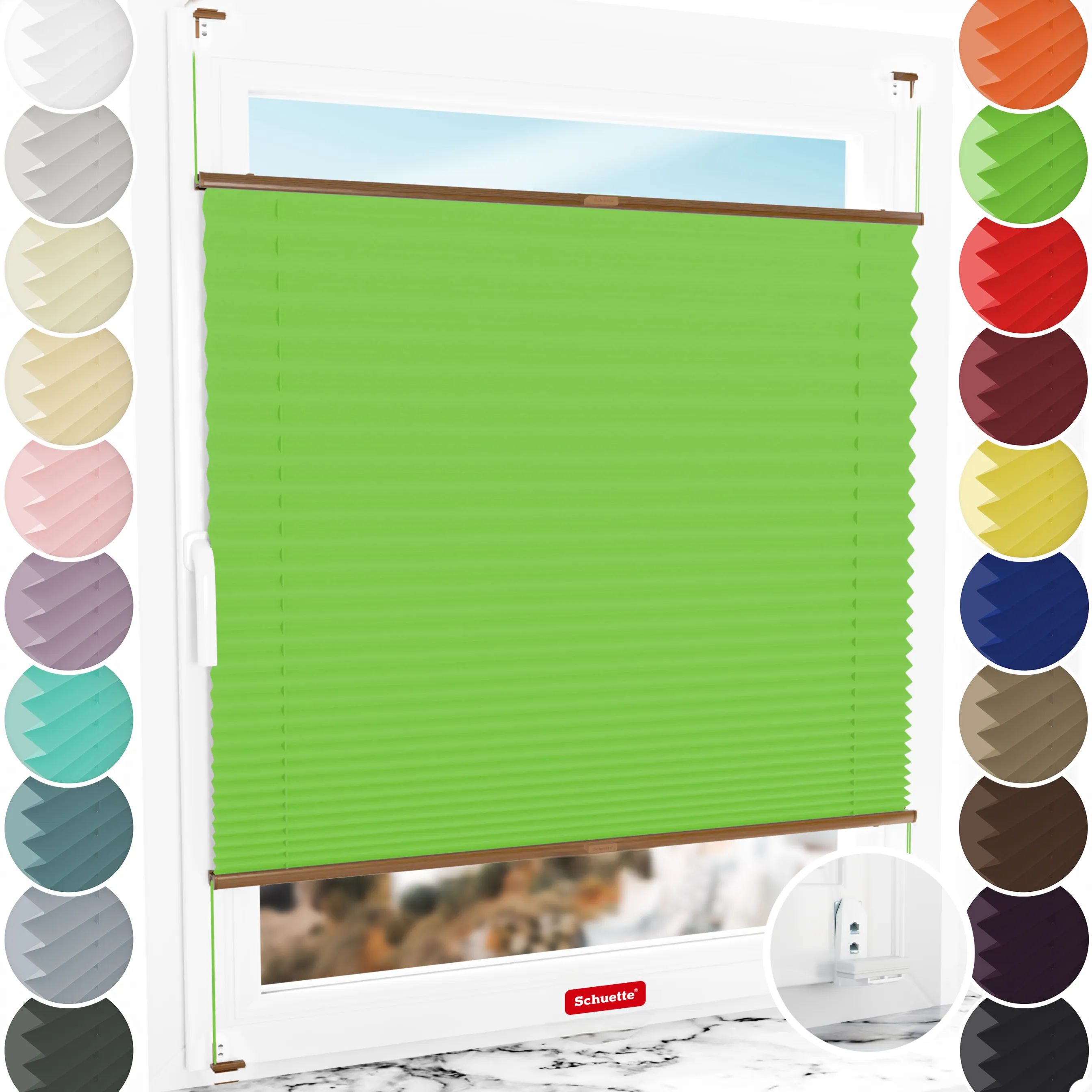 Schuette® Plissee mit Bohren nach Maß • Suprafix "Double 2in1" Schraub- & Klemmhalter • Thermo Kollektion: Leaf Joy (Grün) • Profilfarbe: Eiche