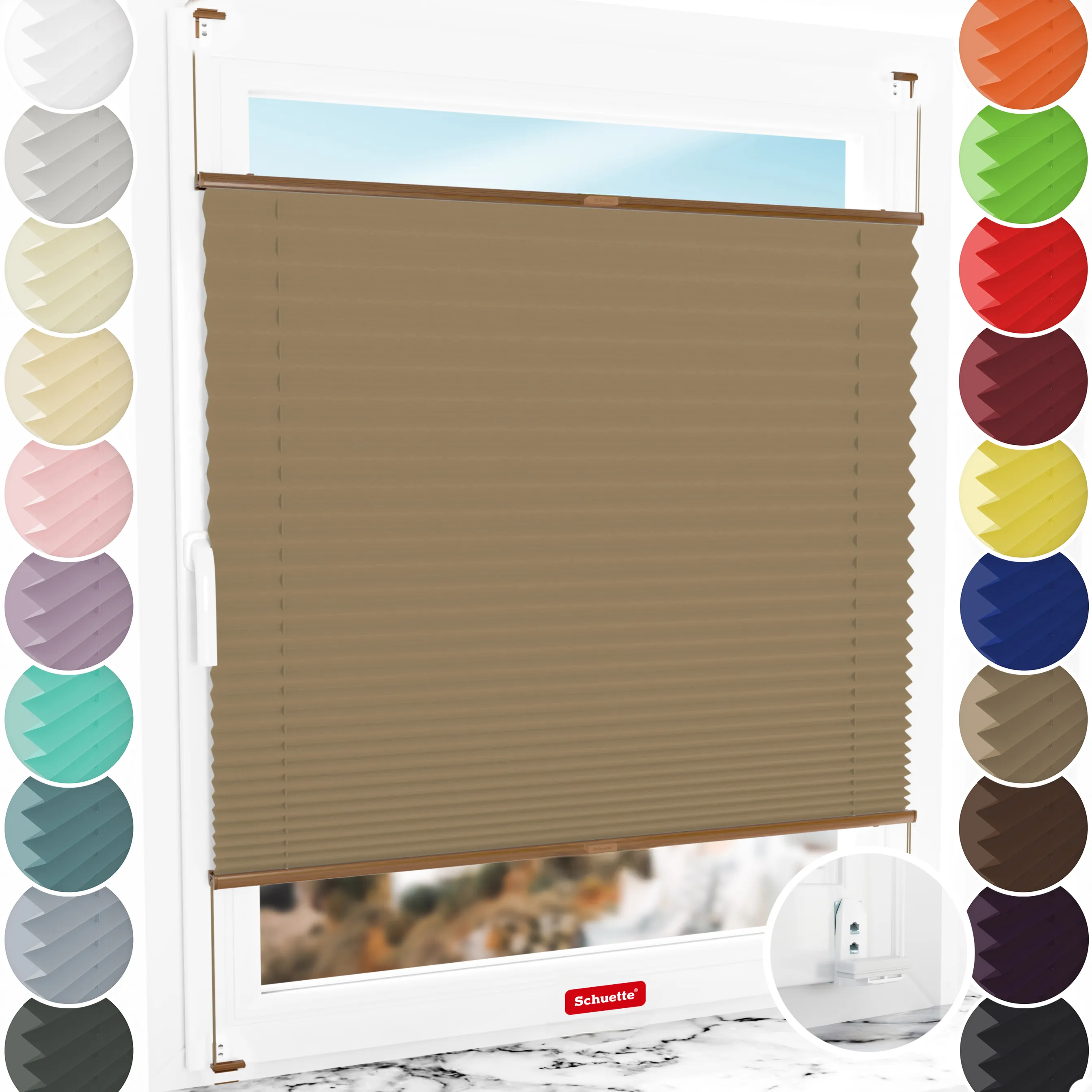 Schuette® Plissee mit Bohren nach Maß • Suprafix "Double 2in1" Schraub- & Klemmhalter • Thermo Kollektion: Mocha Dream (Hellbraun) • Profilfarbe: Eiche