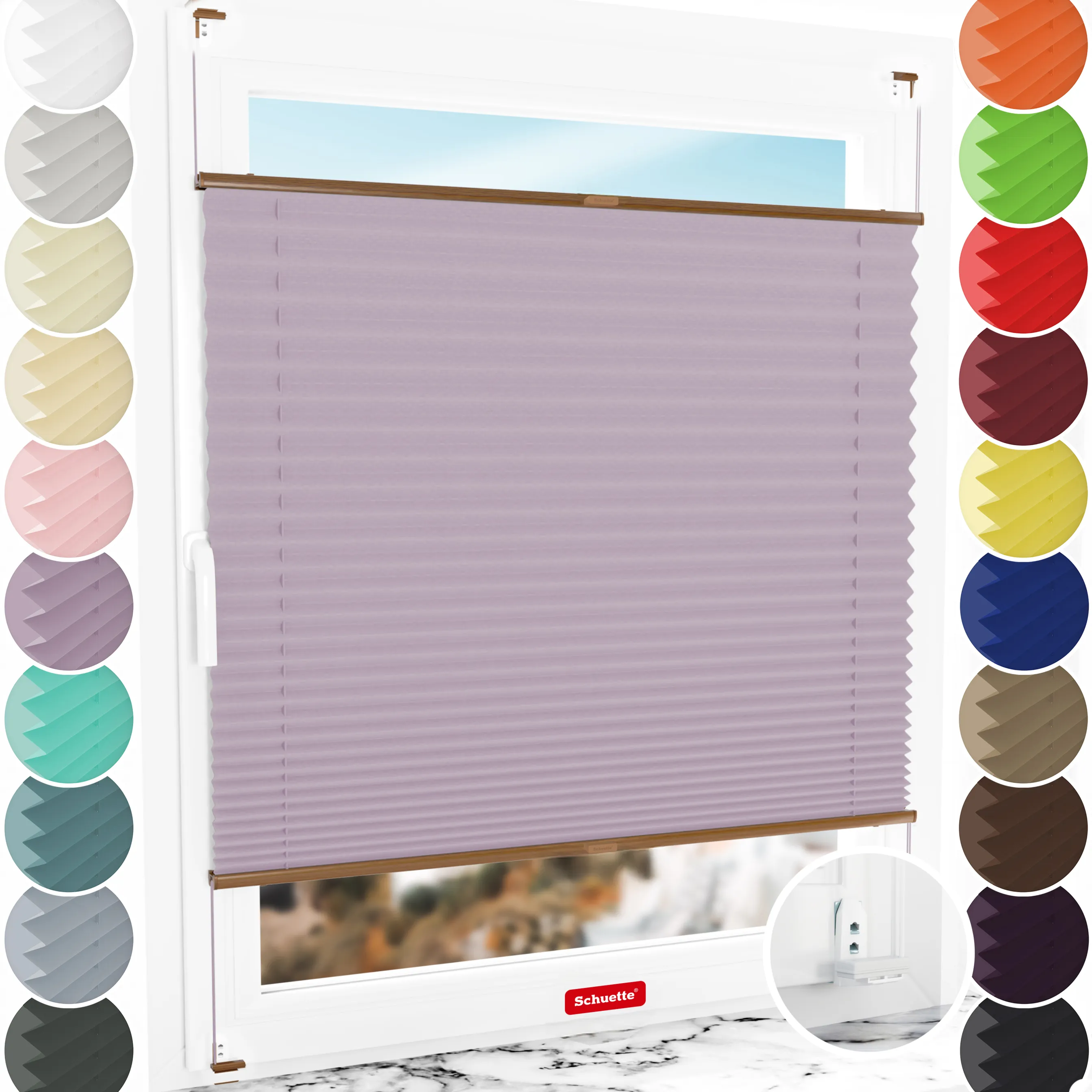 Schuette® Plissee mit Bohren nach Maß • Suprafix "Double 2in1" Schraub- & Klemmhalter • Thermo Kollektion: Pastel Grape (Lila) • Profilfarbe: Eiche