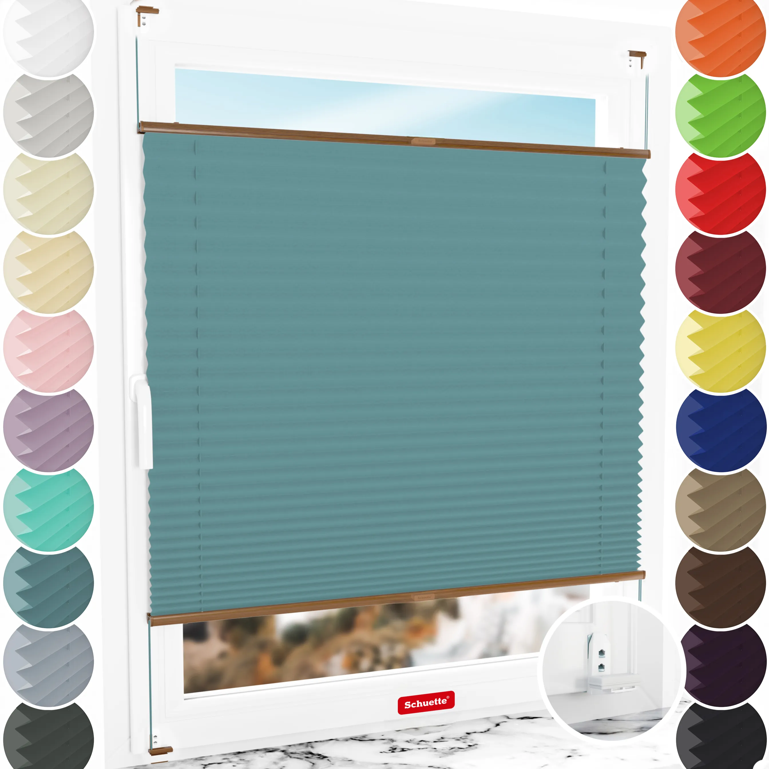 Schuette® Plissee mit Bohren nach Maß • Suprafix "Double 2in1" Schraub- & Klemmhalter • Thermo Kollektion: Teal Aura (Türkis) • Profilfarbe: Eiche