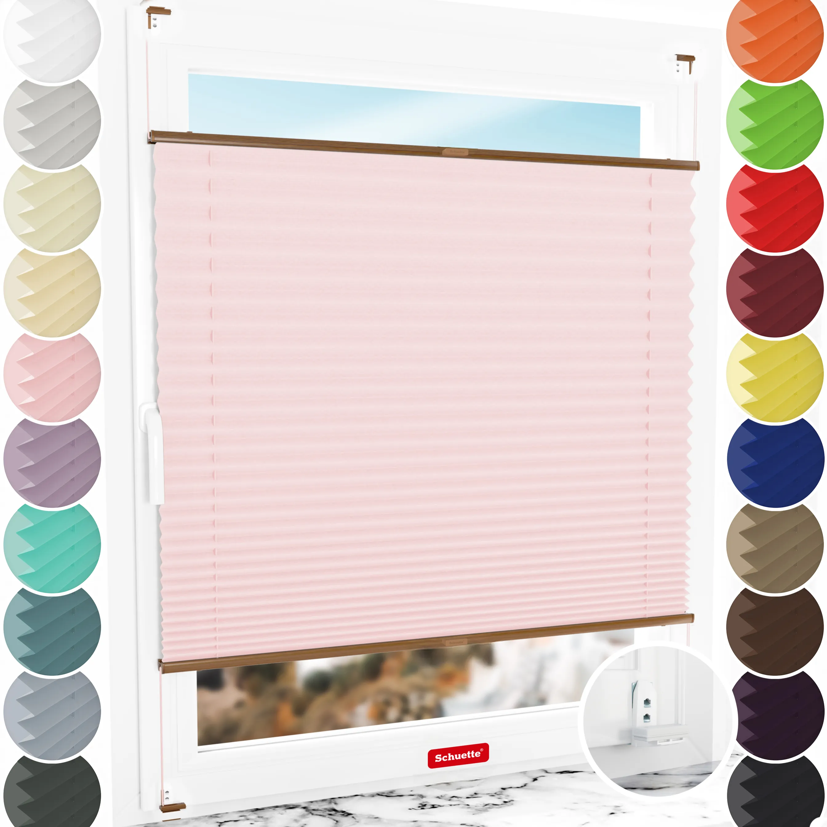 Schuette® Plissee mit Bohren nach Maß • Suprafix "Double 2in1" Schraub- & Klemmhalter • Thermo Kollektion: Rosewater (Rosa) • Profilfarbe: Eiche