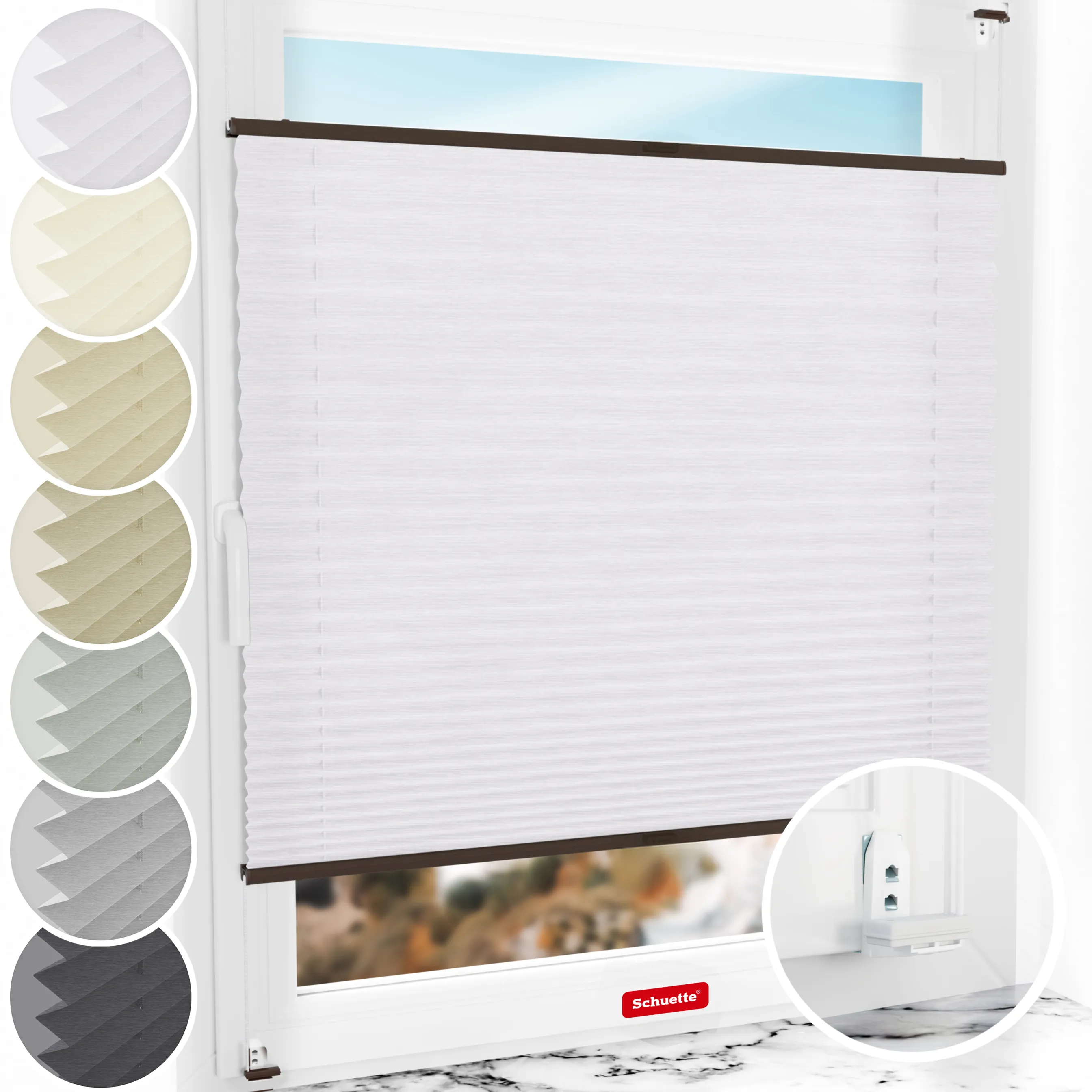 Schuette® Plissee mit Bohren nach Maß • Suprafix "Double 2in1" Schraub- & Klemmhalter • Dolomite Kollektion: Cold Morning (Grau) • Profilfarbe: Walnuss