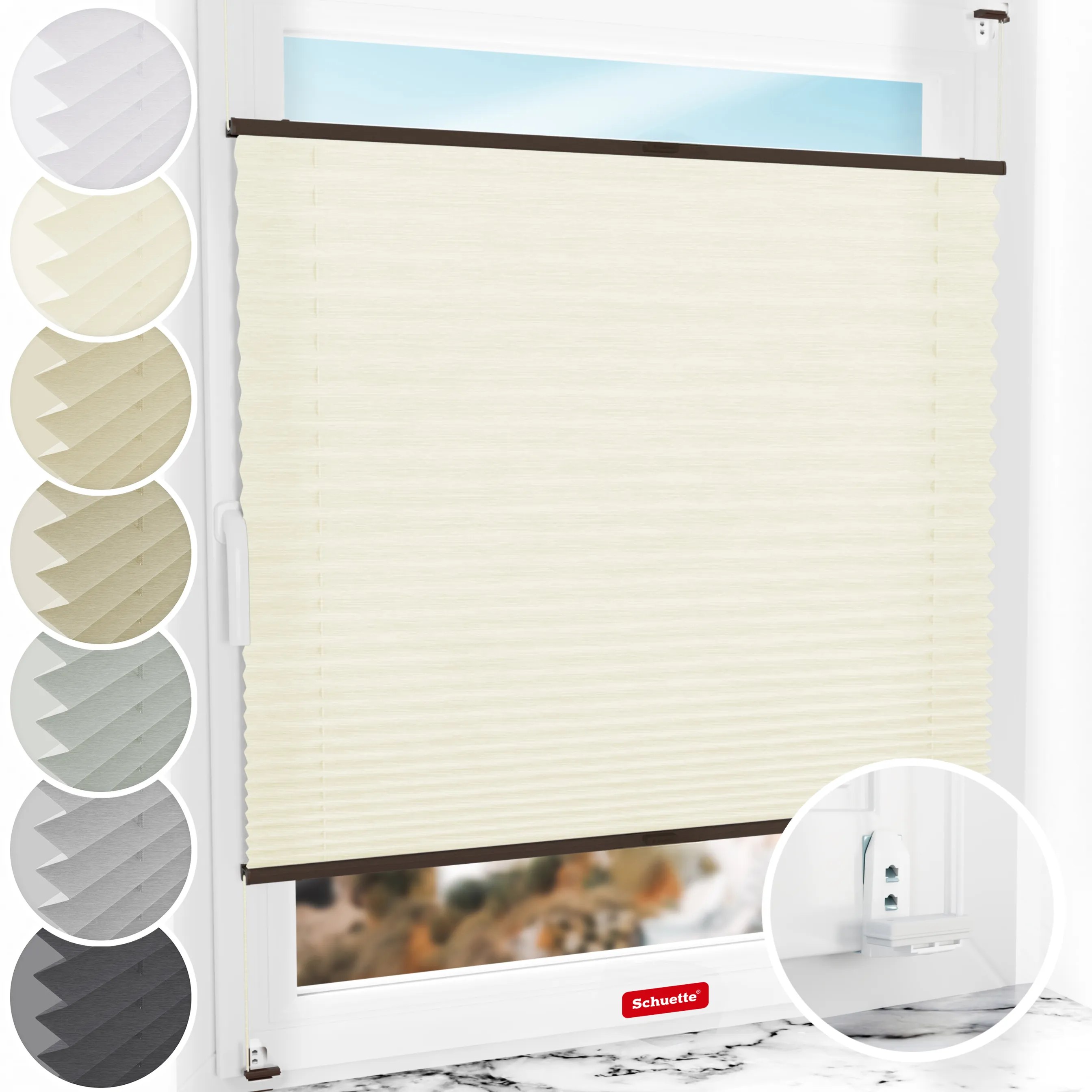 Schuette® Plissee mit Bohren nach Maß • Suprafix "Double 2in1" Schraub- & Klemmhalter • Dolomite Kollektion: Vanilla Sky (Beige) • Profilfarbe: Walnuss