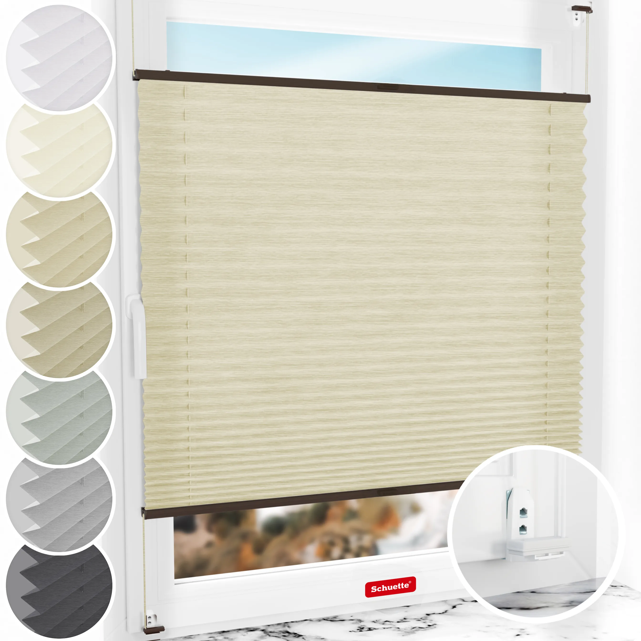 Schuette® Plissee mit Bohren nach Maß • Suprafix "Double 2in1" Schraub- & Klemmhalter • Dolomite Kollektion: Wet Stand (Beige) • Profilfarbe: Walnuss