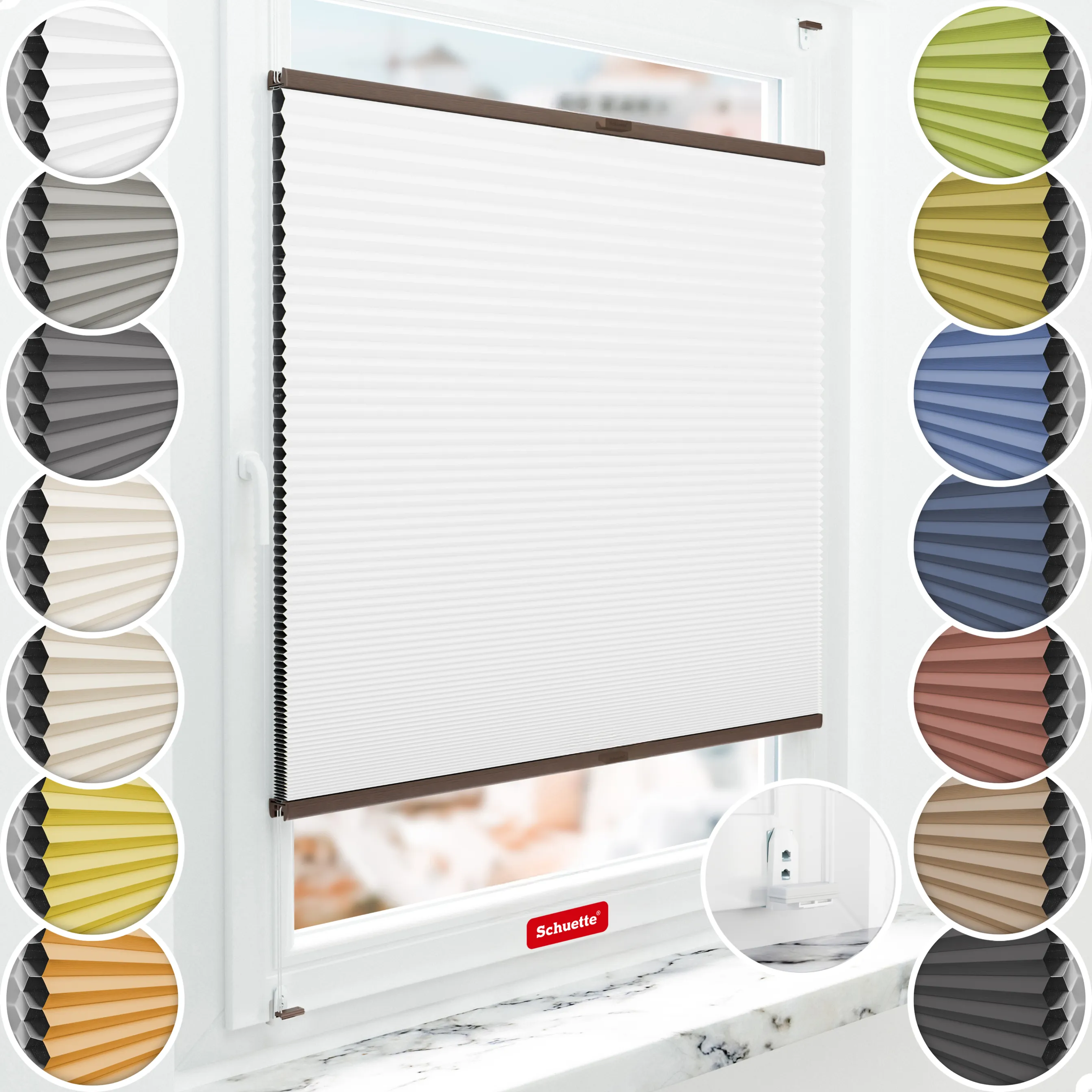 Schuette® Wabenplissee mit Bohren nach Maß • Suprafix "Double 2in1" Schraub- & Klemmhalter • Honey Kollektion: Moonlight (Weiß) • Profilfarbe: Walnuss