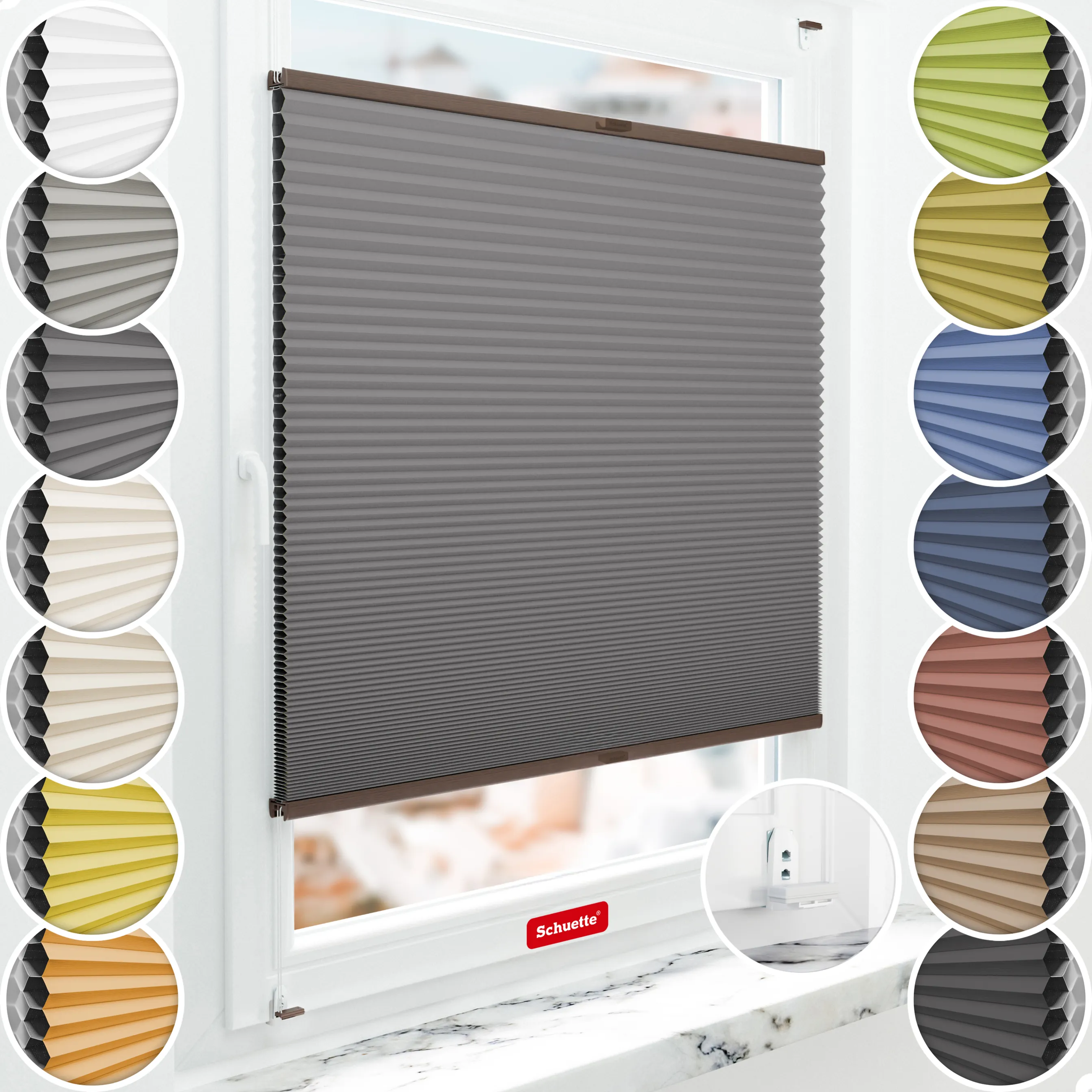 Schuette® Wabenplissee mit Bohren nach Maß • Suprafix "Double 2in1" Schraub- & Klemmhalter • Honey Kollektion: Twilight Tango (Grau) • Profilfarbe: Walnuss