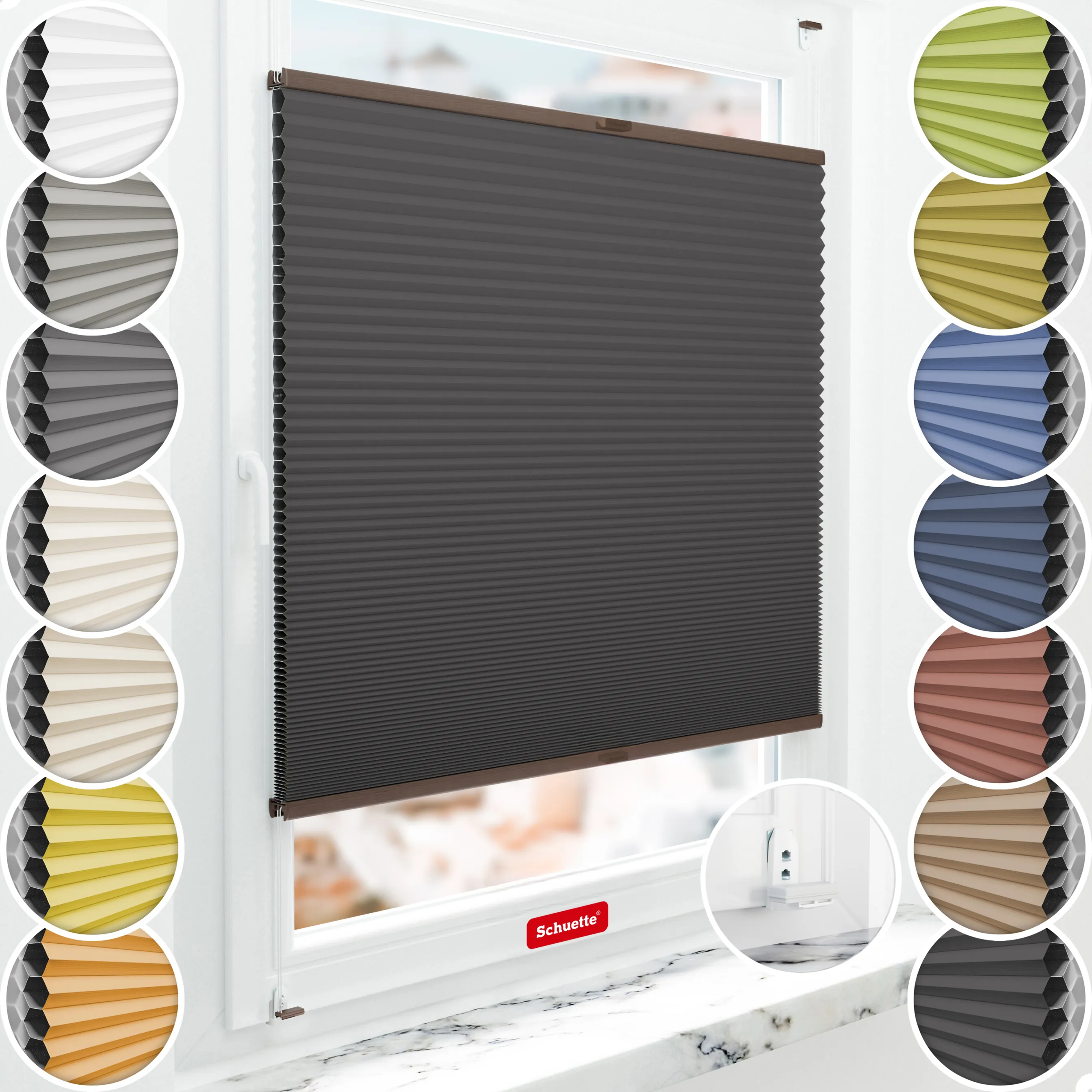 Schuette® Wabenplissee mit Bohren nach Maß • Suprafix "Double 2in1" Schraub- & Klemmhalter • Honey Kollektion: Starry Night (Schwarz) • Profilfarbe: Walnuss