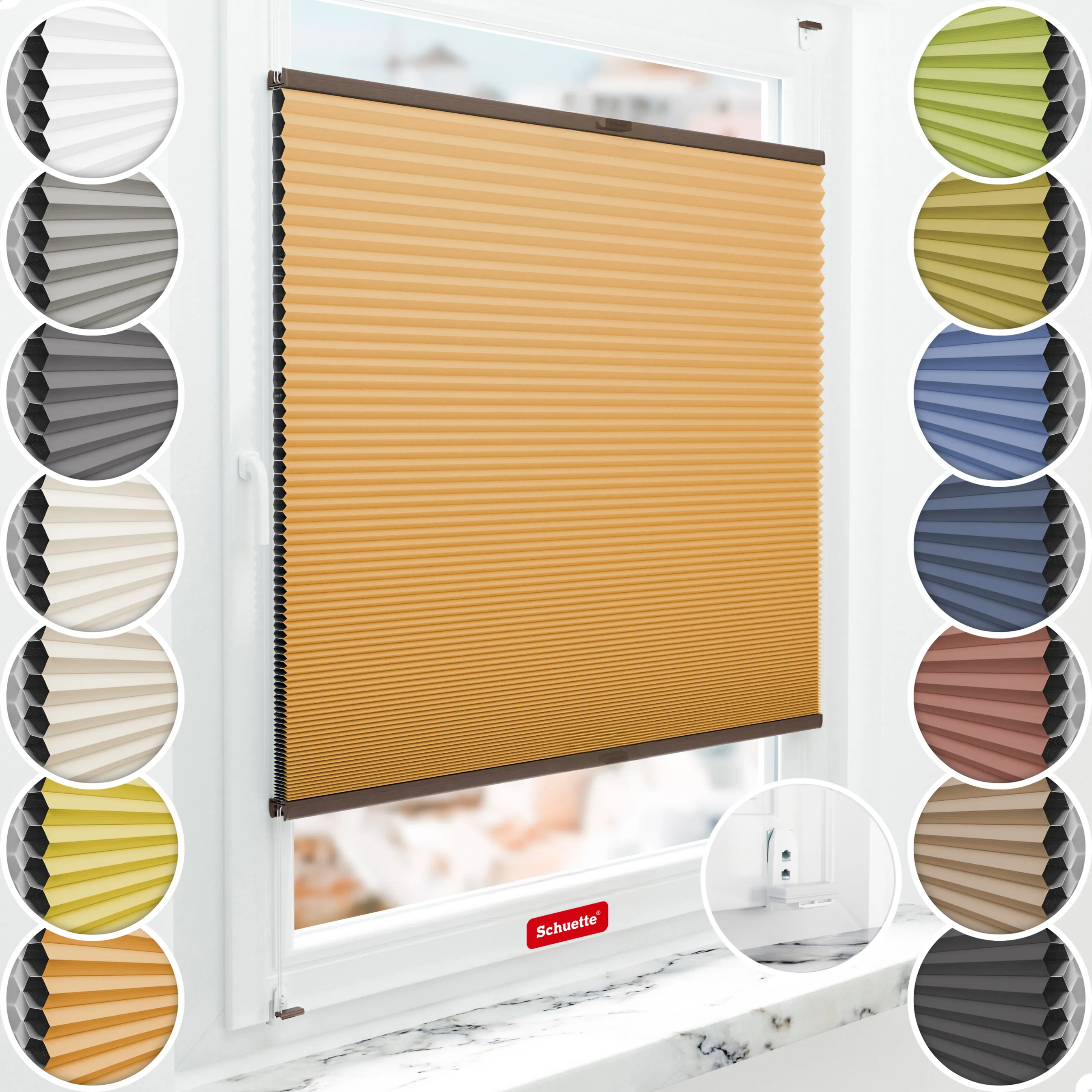Schuette® Wabenplissee mit Bohren nach Maß • Suprafix "Double 2in1" Schraub- & Klemmhalter • Honey Kollektion: Citrus Glow (Orange) • Profilfarbe: Walnuss