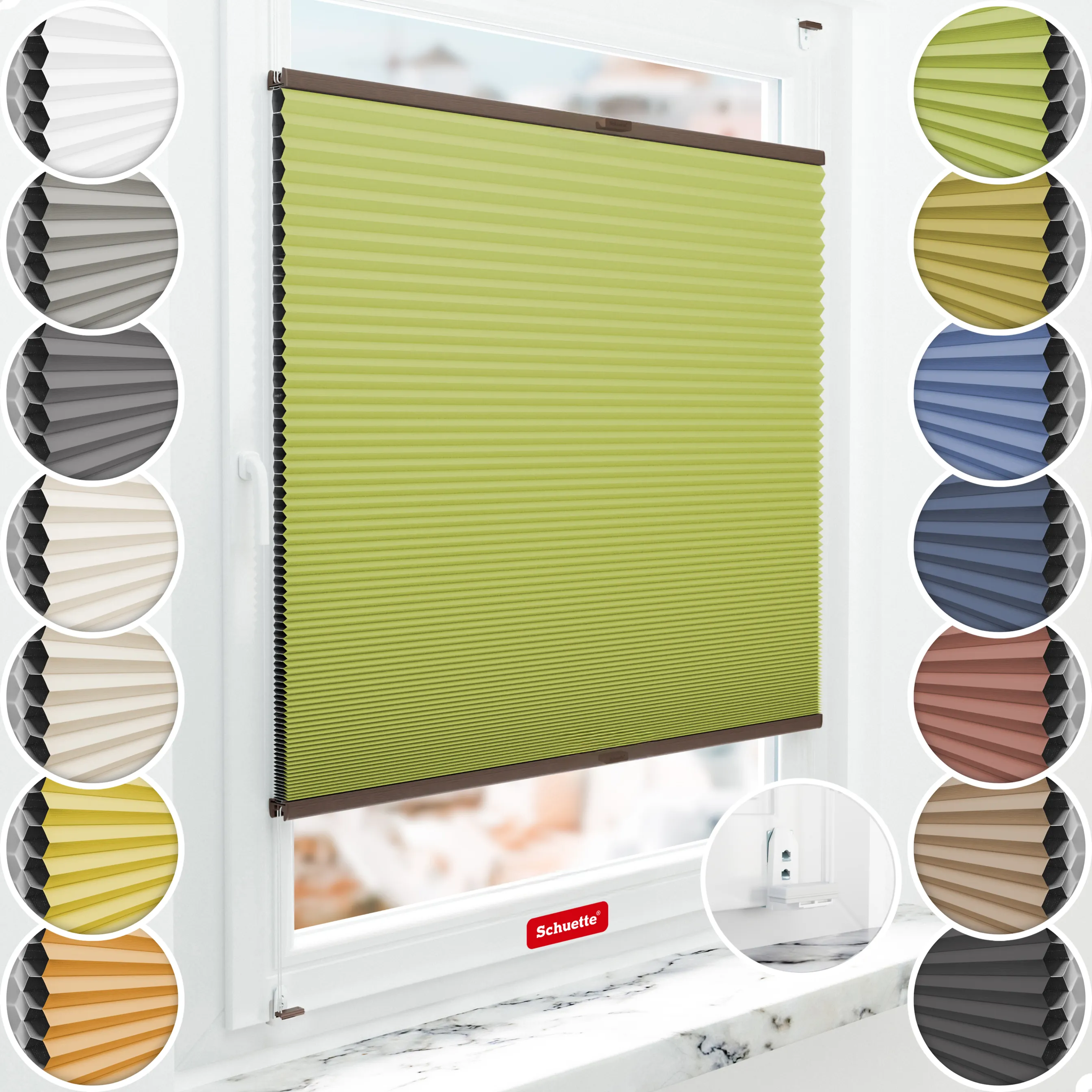 Schuette® Wabenplissee mit Bohren nach Maß • Suprafix "Double 2in1" Schraub- & Klemmhalter • Honey Kollektion: Green Tea (Grün) • Profilfarbe: Walnuss