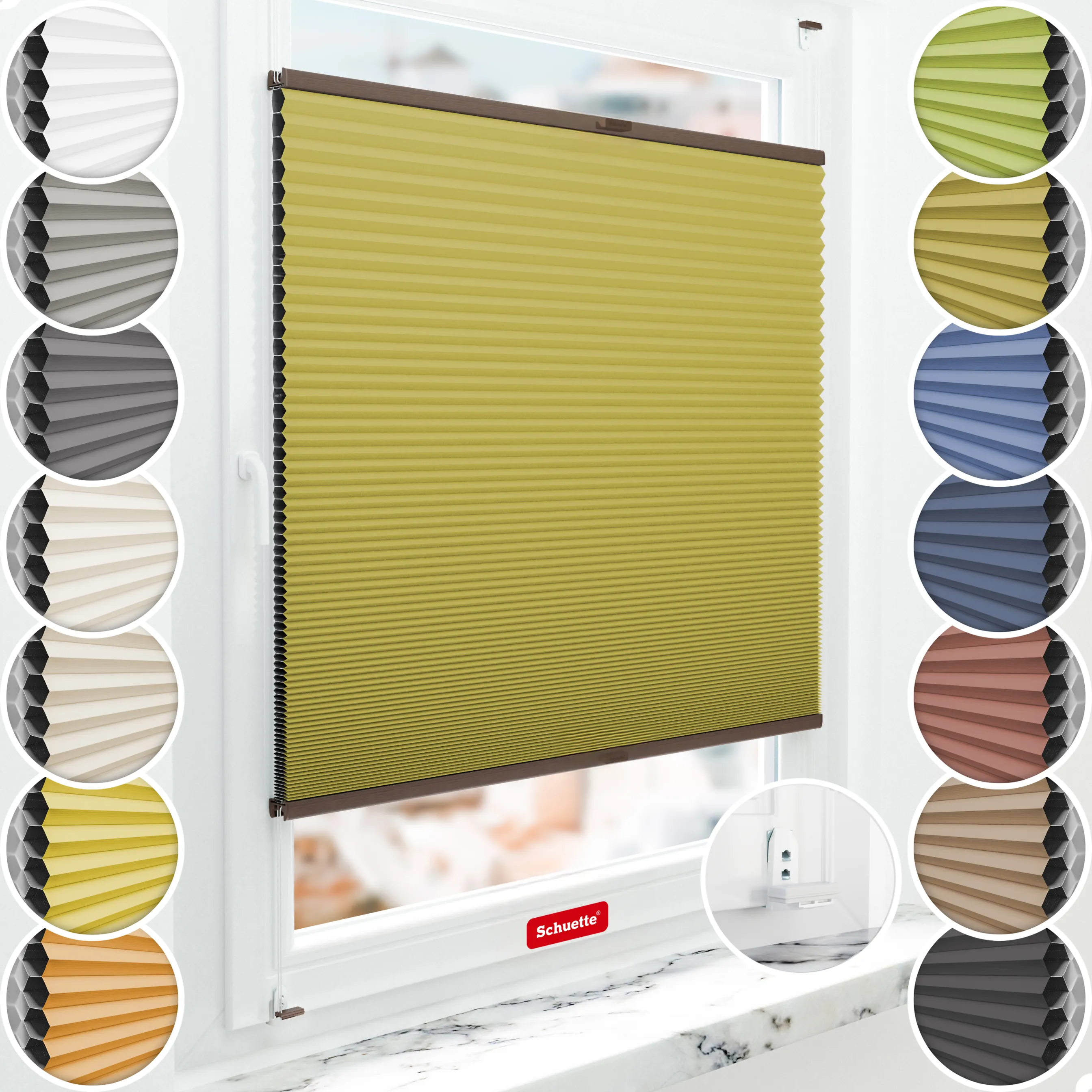 Schuette® Wabenplissee mit Bohren nach Maß • Suprafix "Double 2in1" Schraub- & Klemmhalter • Honey Kollektion: Olive Branch (Olivgrün) • Profilfarbe: Walnuss