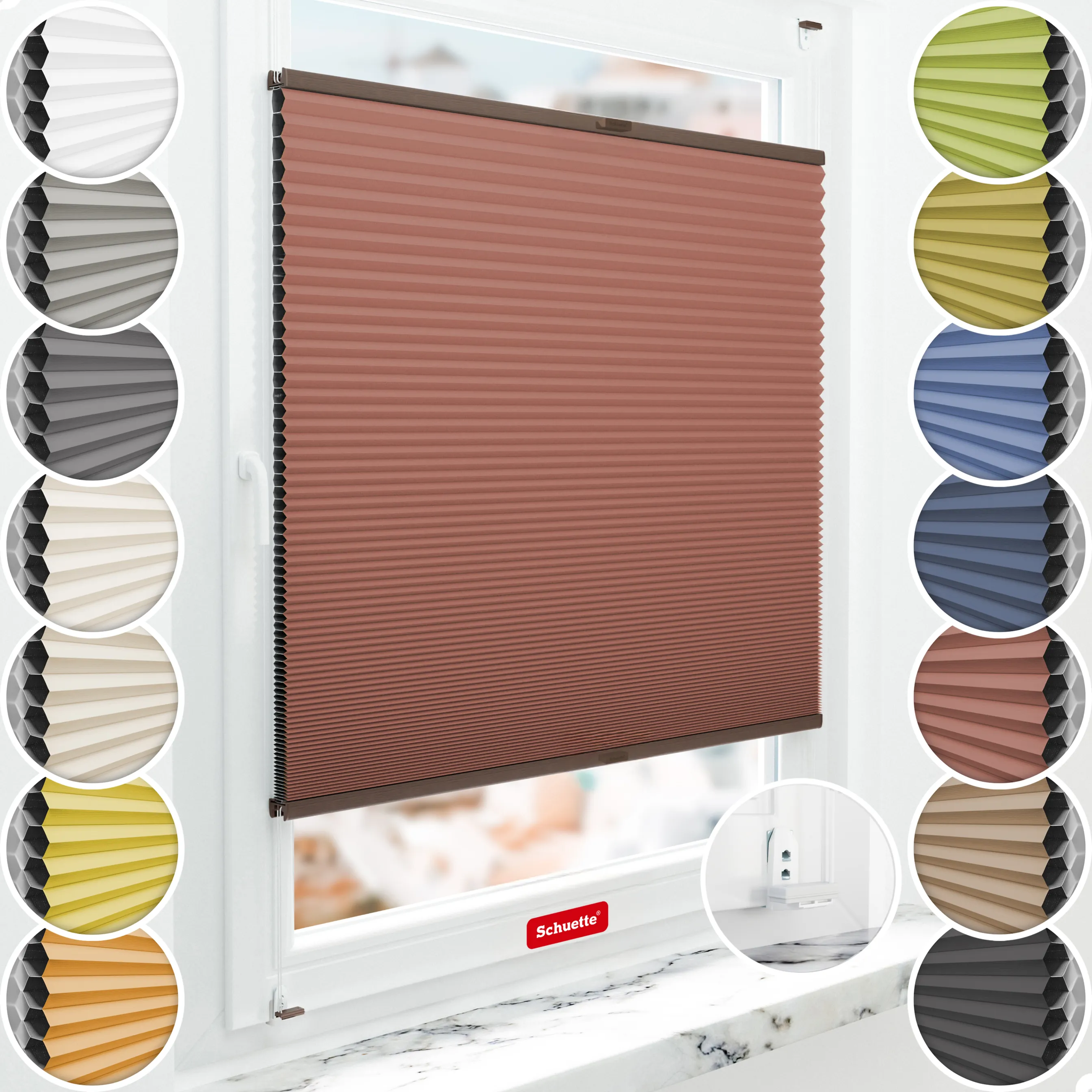 Schuette® Wabenplissee mit Bohren nach Maß • Suprafix "Double 2in1" Schraub- & Klemmhalter • Honey Kollektion: Poppy Petal (Dunkelrot) • Profilfarbe: Walnuss