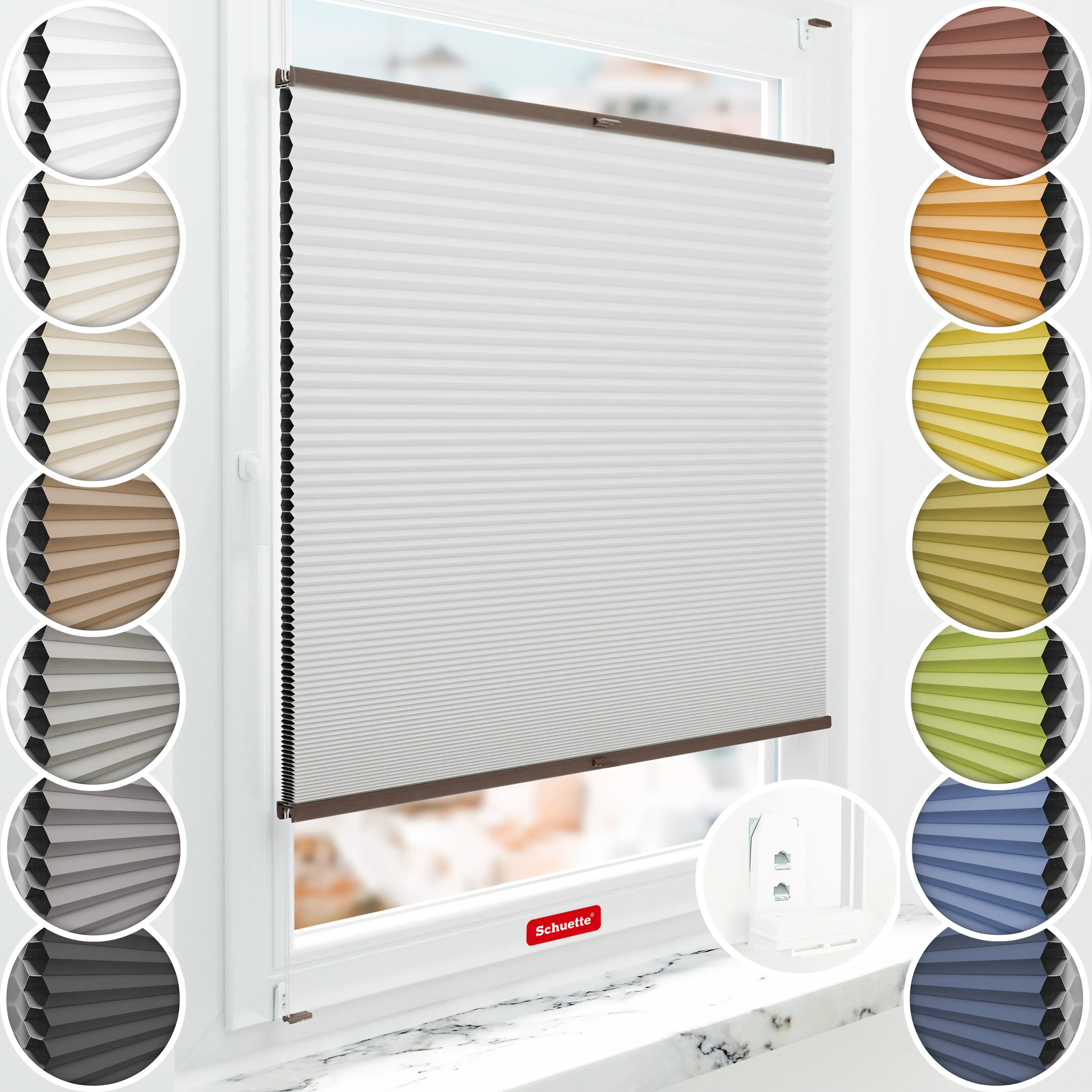 Schuette® Wabenplissee ohne Bohren nach Maß • Suprafix Klemmhalter “Double 2in1” • Honey Kollektion: Gray-zy in Love (Pastellgrau) • Profilfarbe: Walnuss