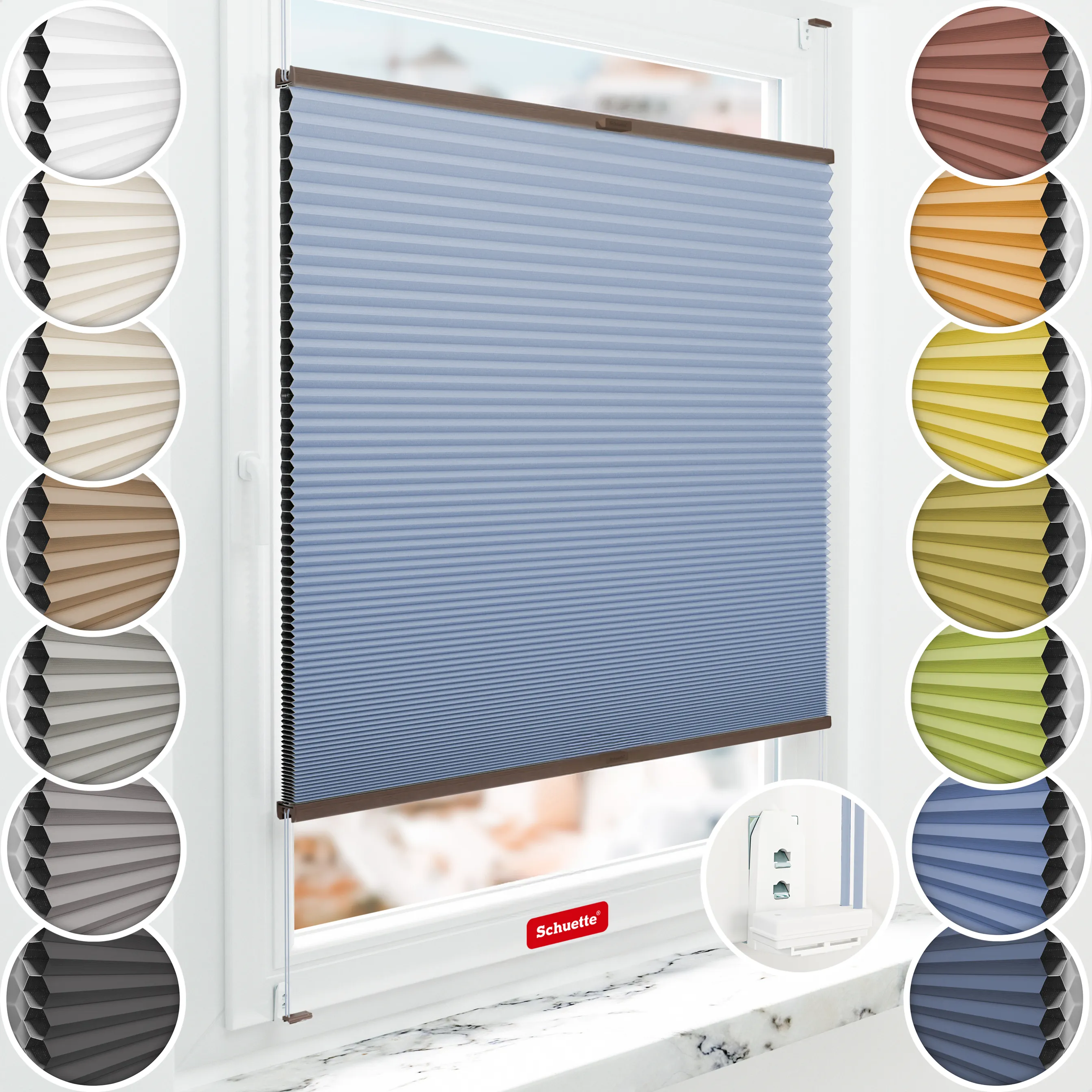 Schuette® Wabenplissee mit Bohren nach Maß • Suprafix "Double 2in1" Schraub- & Klemmhalter• Honey Kollektion: Ocean Drive (Hellblau) • Profilfarbe: Walnuss