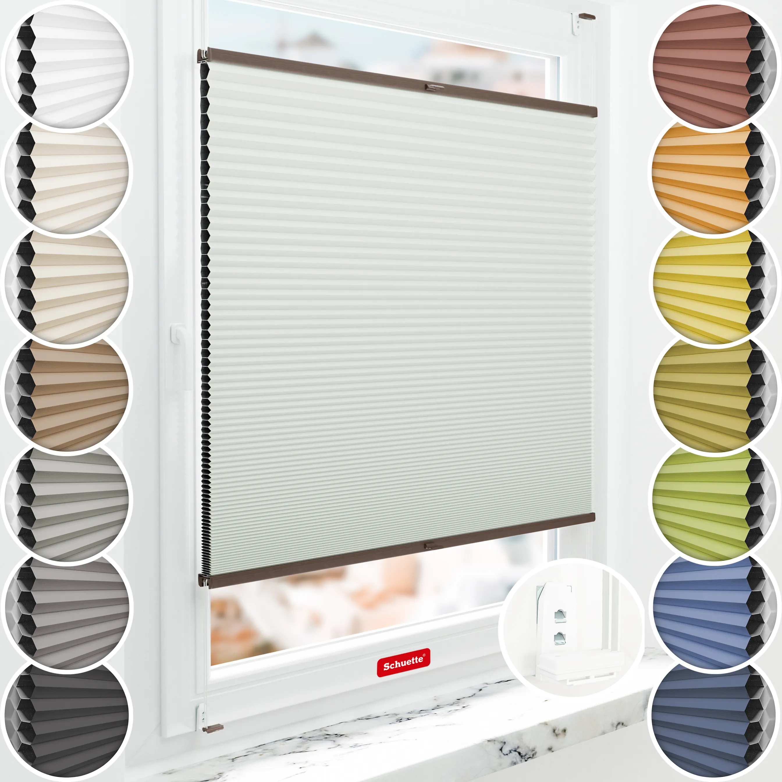 Schuette® Wabenplissee mit Bohren nach Maß • Suprafix "Double 2in1" Schraub- & Klemmhalter • Honey Kollektion: Tinkerbell Twinkle (Pastellgrün) • Profilfarbe: Walnuss