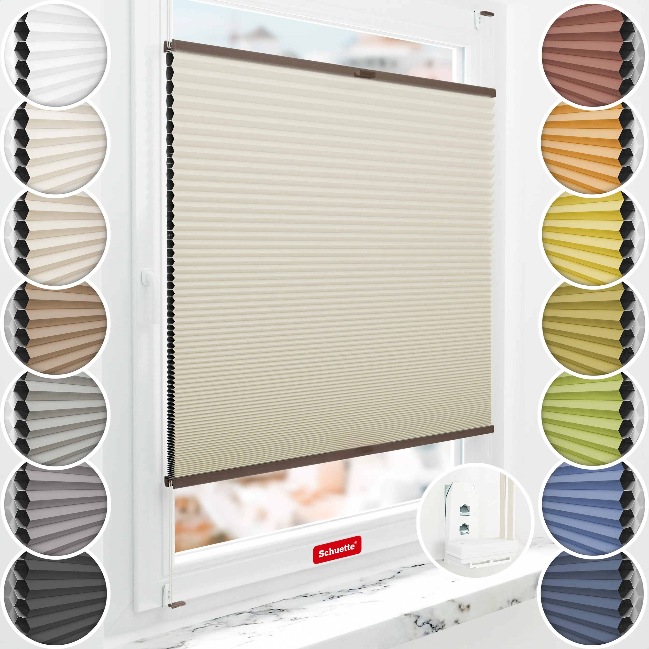 Schuette® Wabenplissee mit Bohren nach Maß • Suprafix "Double 2in1" Schraub- & Klemmhalter • Honey Kollektion: Belgian Waffle (Creme) • Profilfarbe: Walnuss