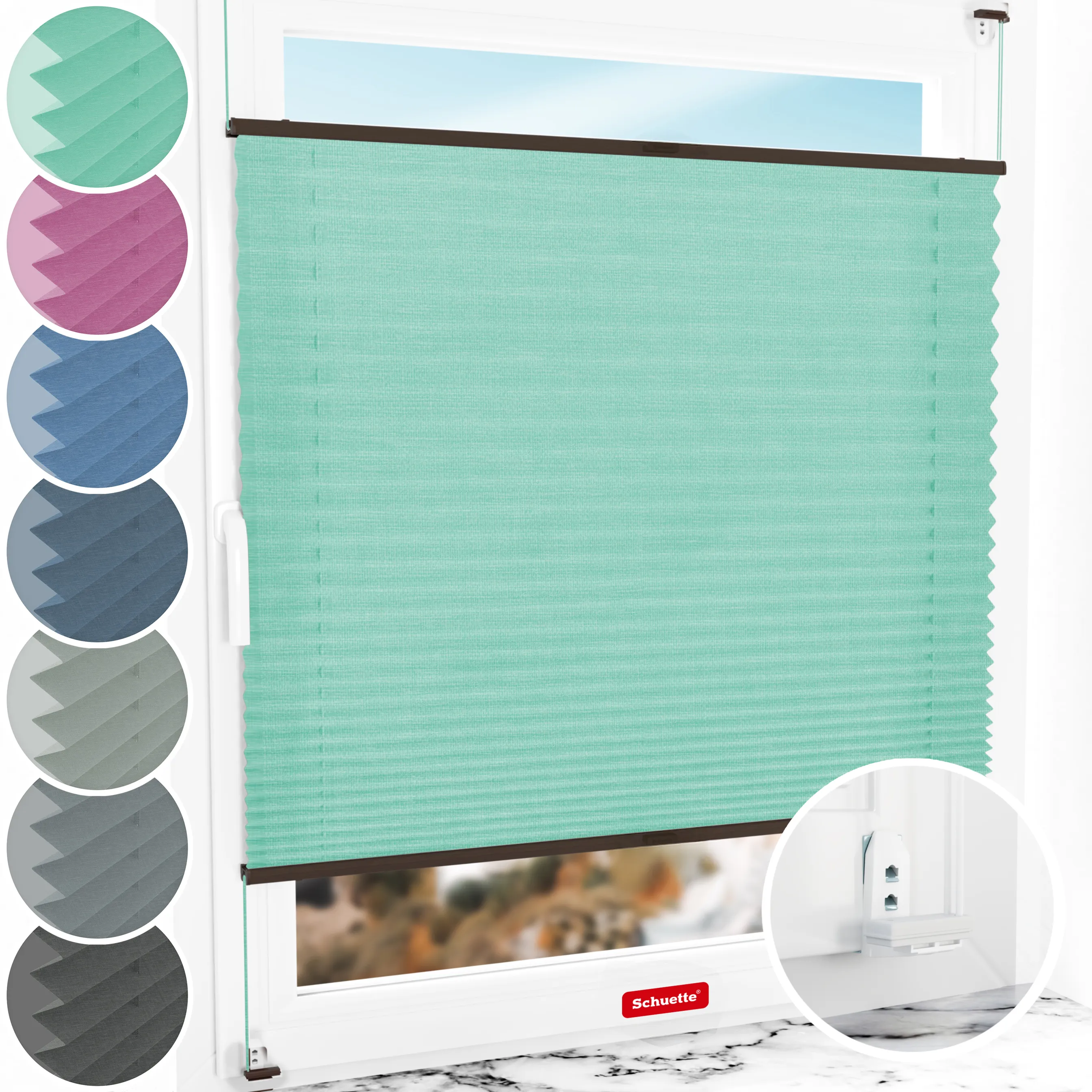Schuette® Plissee mit Bohren nach Maß • Suprafix "Double 2in1" Schraub- & Klemmhalter • Melange Kollektion: Mint Ice Cream (Grün) • Profilfarbe: Walnuss