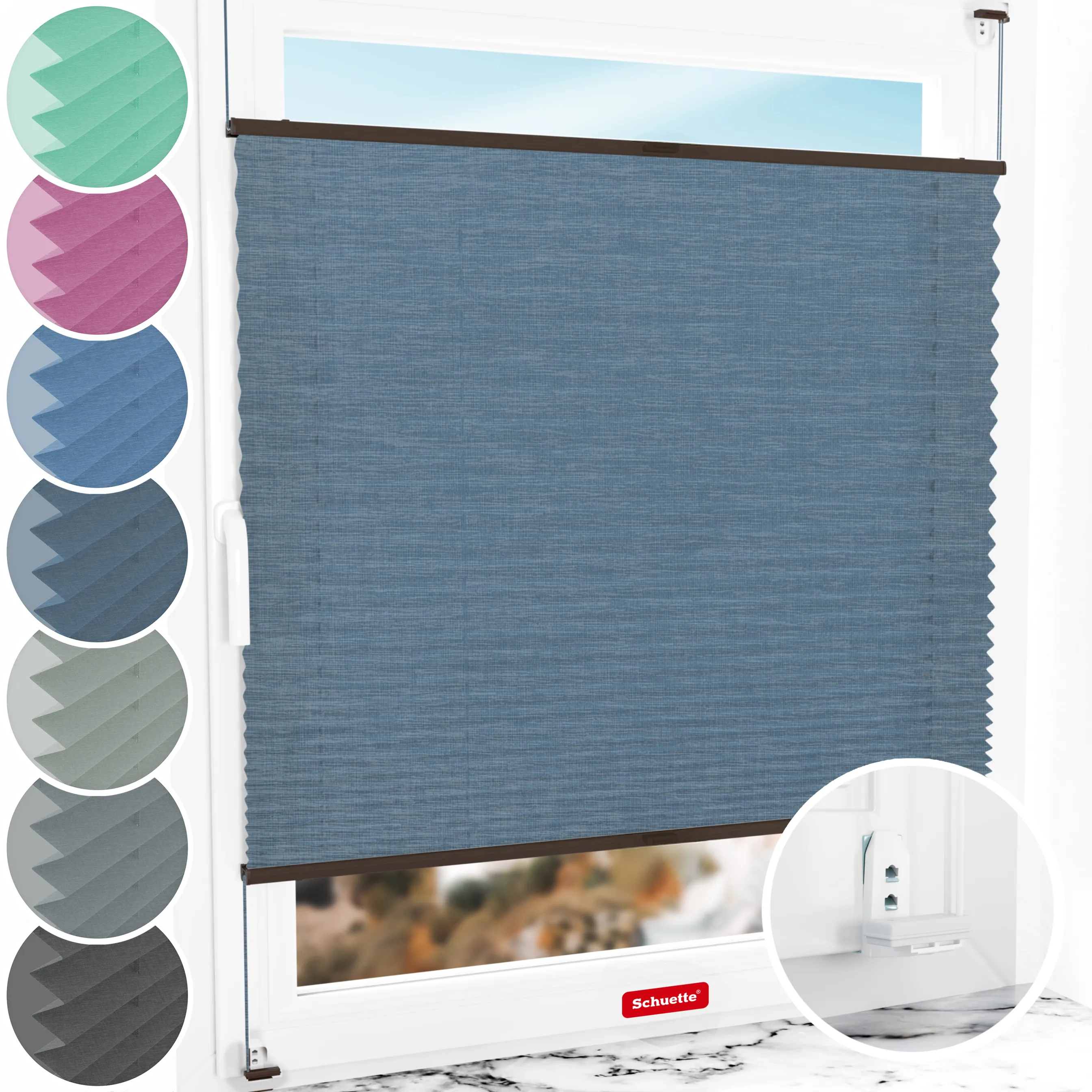 Schuette® Plissee mit Bohren nach Maß • Suprafix "Double 2in1" Schraub- & Klemmhalter • Melange Kollektion: After Rain (Blau) • Profilfarbe: Walnuss