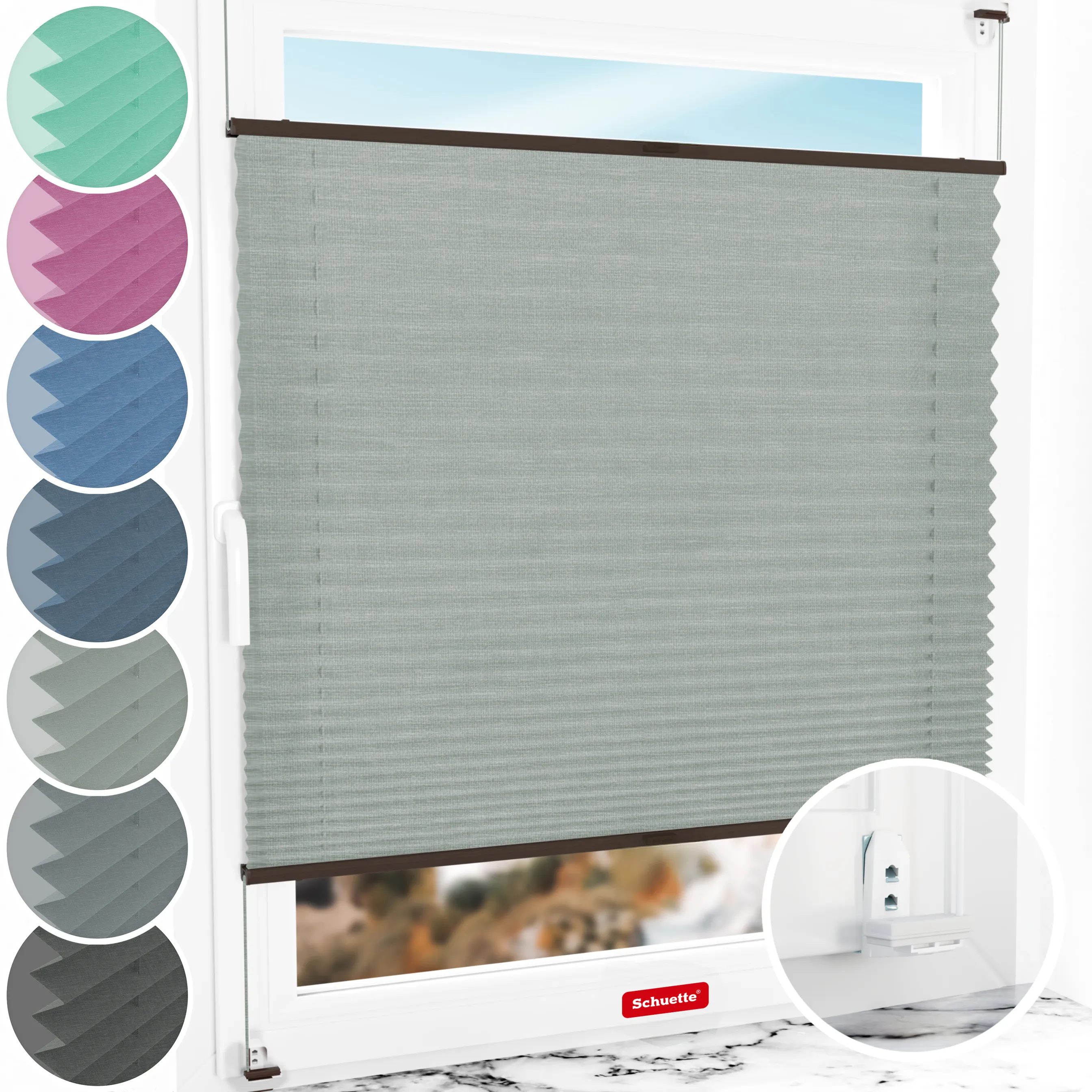 Schuette® Plissee mit Bohren nach Maß • Suprafix "Double 2in1" Schraub- & Klemmhalter • Melange Kollektion: On The Road (Grau) • Profilfarbe: Walnuss