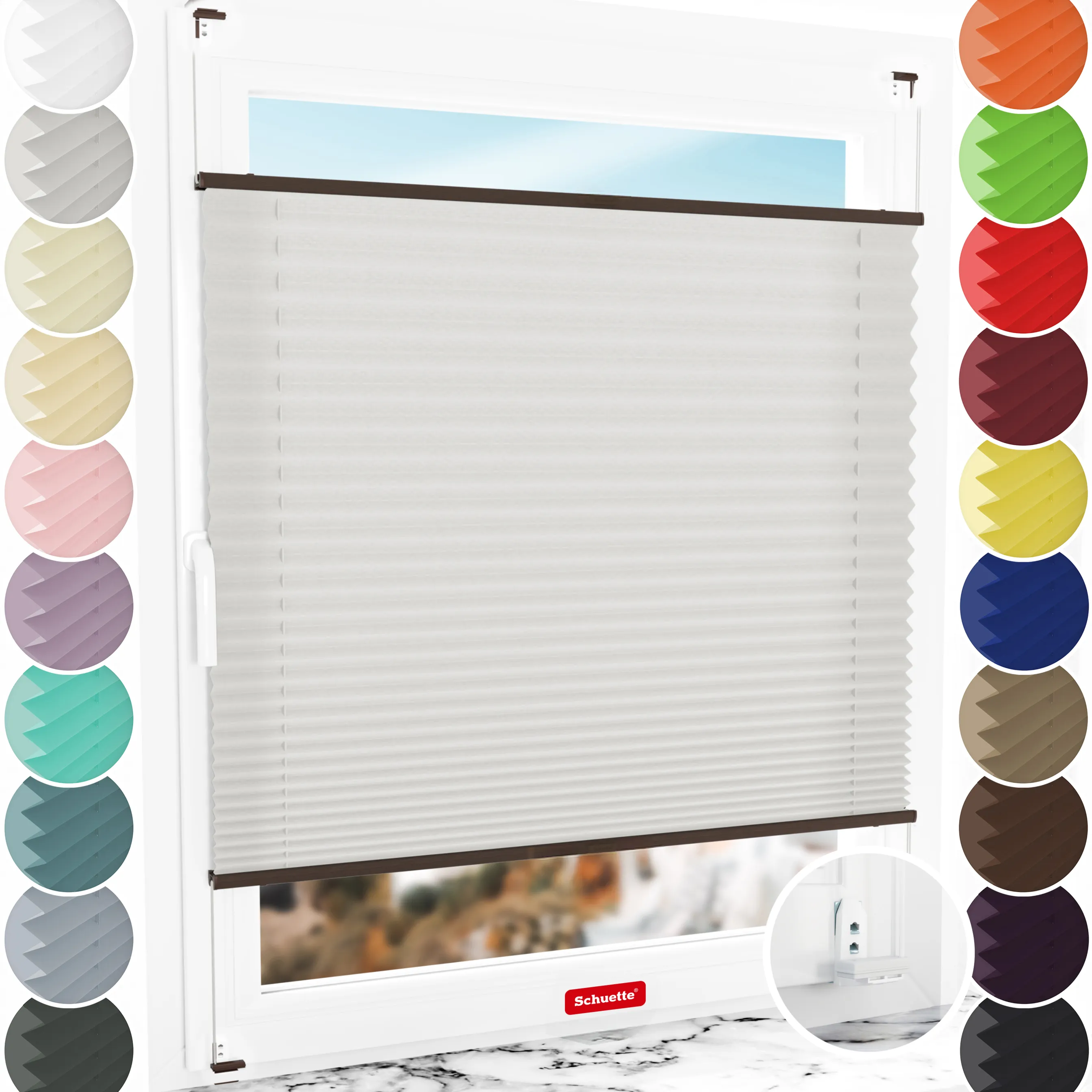 Schuette® Plissee mit Bohren nach Maß • Suprafix "Double 2in1" Schraub- & Klemmhalter • Premium Kollektion: A Way Home (Silber) • Profilfarbe: Walnuss