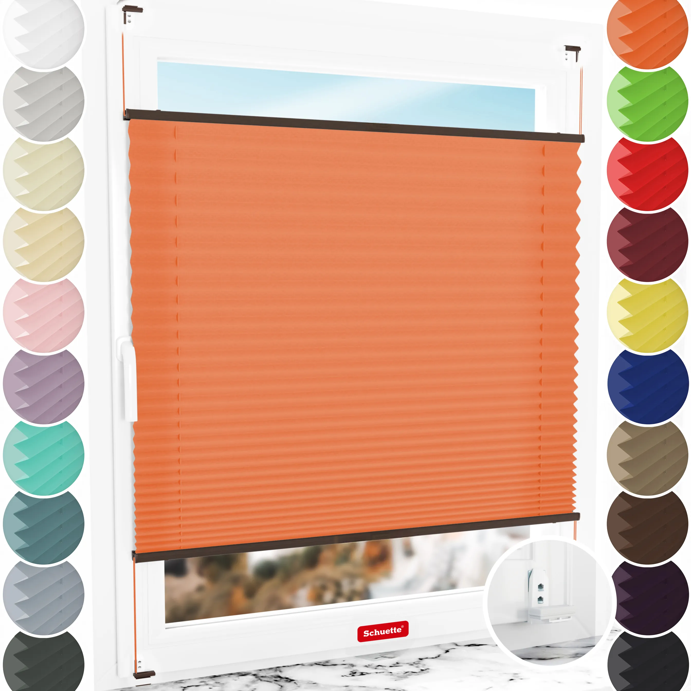 Schuette® Plissee mit Bohren nach Maß • Suprafix "Double 2in1" Schraub- & Klemmhalter • Premium Kollektion: Sunset (Orange) • Profilfarbe: Walnuss
