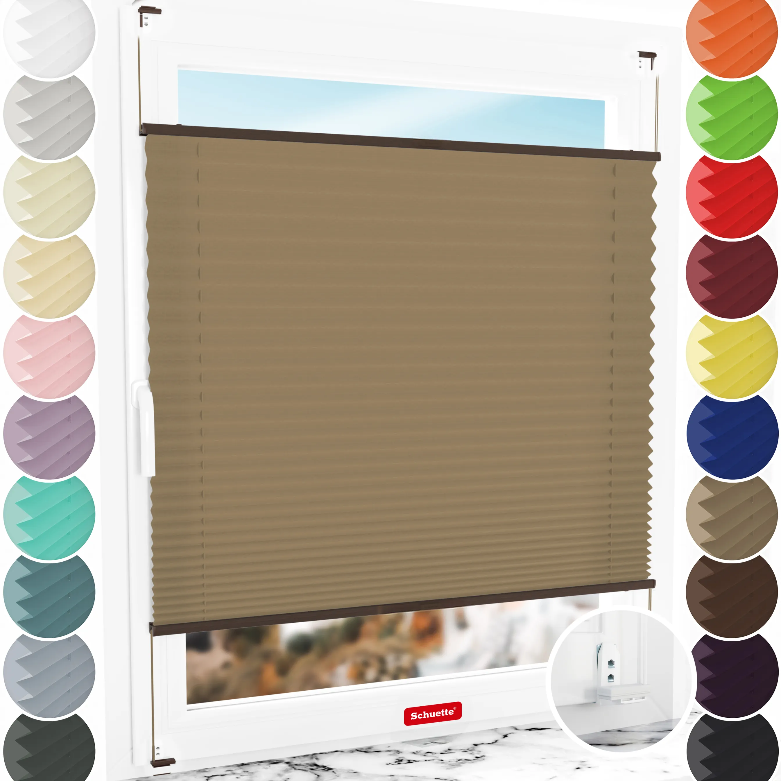 Schuette® Plissee mit Bohren nach Maß • Suprafix "Double 2in1" Schraub- & Klemmhalter • Premium Kollektion: Morning Coffee (Hellbraun) • Profilfarbe: Walnuss