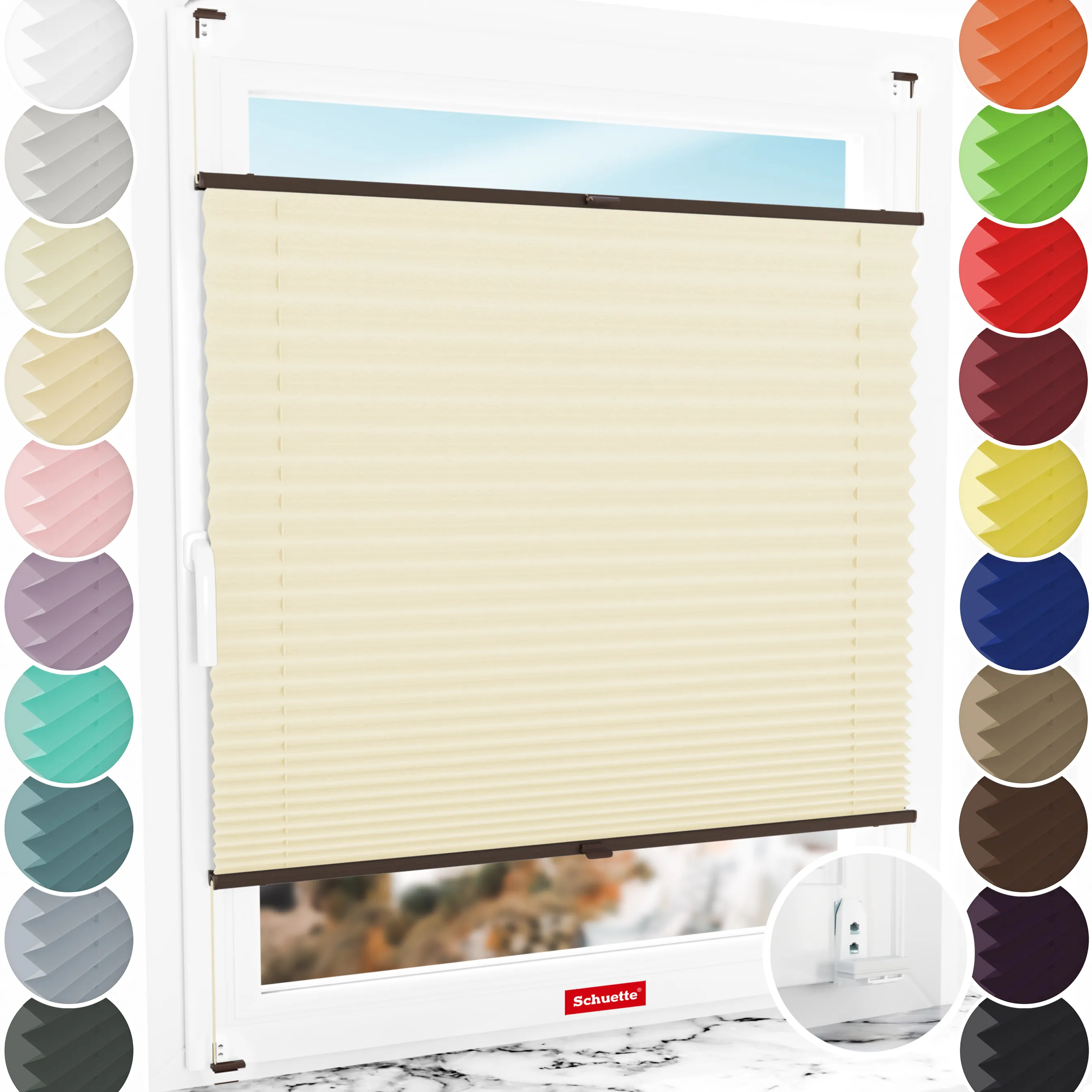 Schuette® Plissee mit Bohren nach Maß • Suprafix "Double 2in1" Schraub- & Klemmhalter • Thermo Kollektion: Milk Tea (Beige) • Profilfarbe: Walnuss