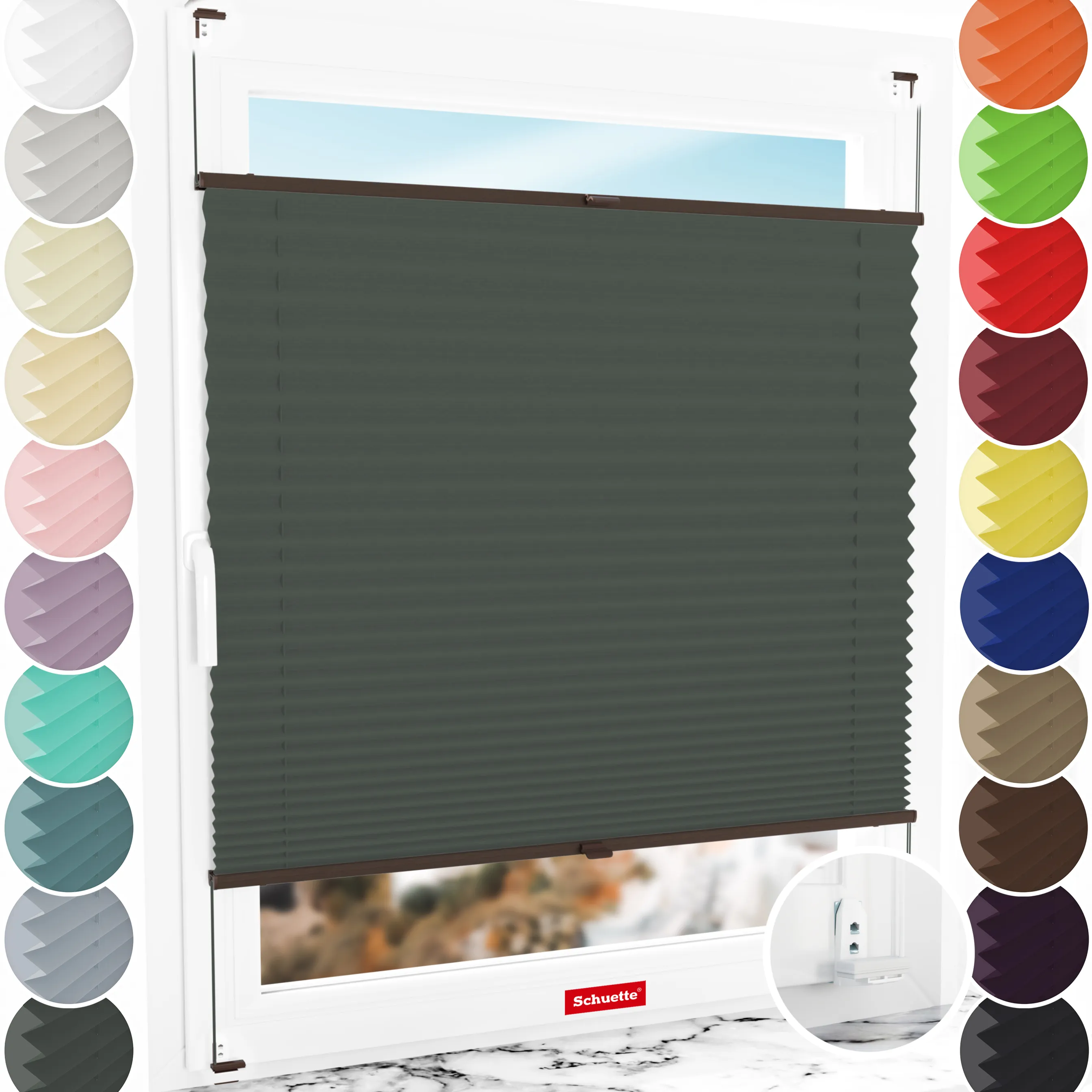 Schuette® Plissee mit Bohren nach Maß • Suprafix "Double 2in1" Schraub- & Klemmhalter • Thermo Kollektion: Before Storm (Grau) • Profilfarbe: Walnuss