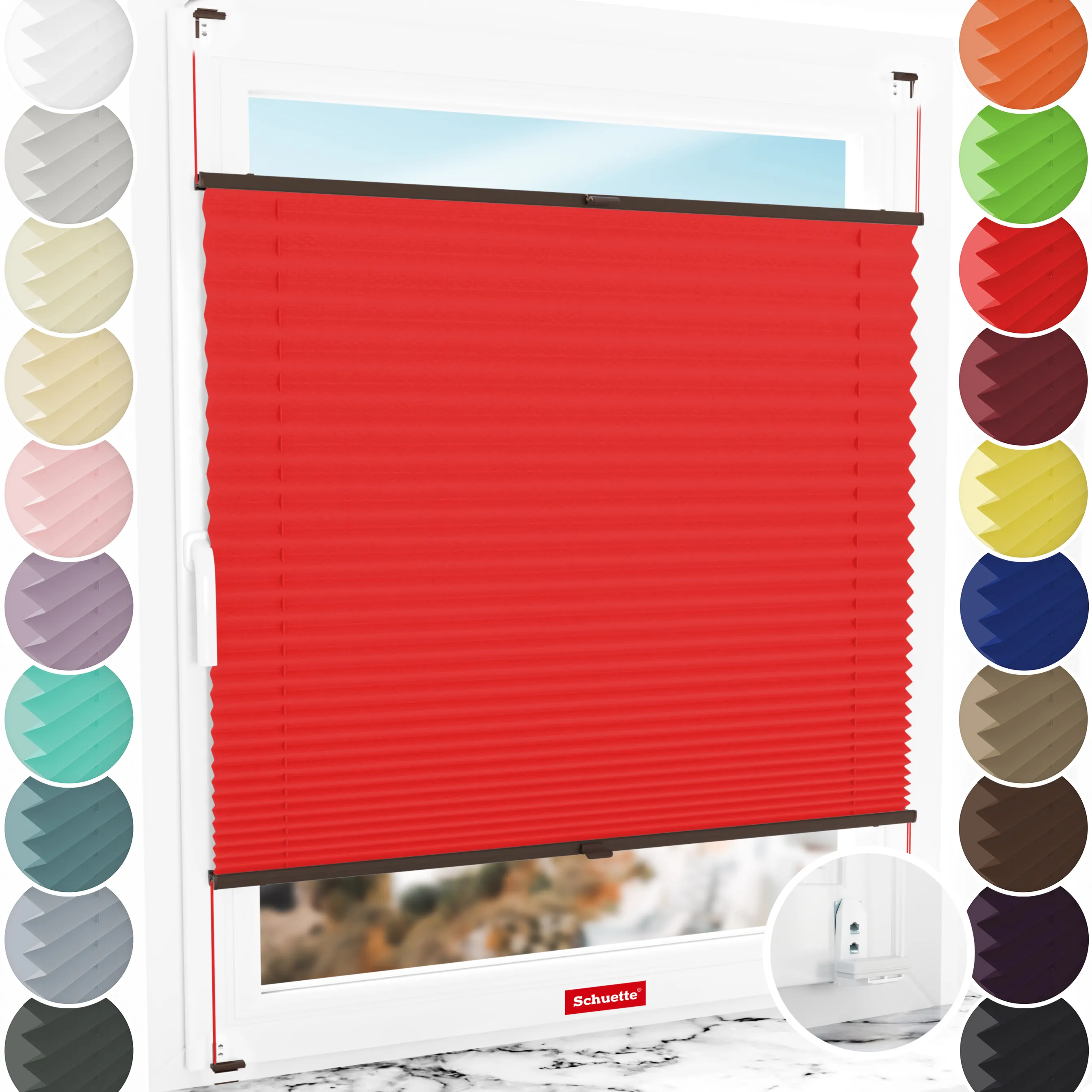 Schuette® Plissee mit Bohren nach Maß • Suprafix "Double 2in1" Schraub- & Klemmhalter • Thermo Kollektion: Cherry Charm (Rot) • Profilfarbe: Walnuss