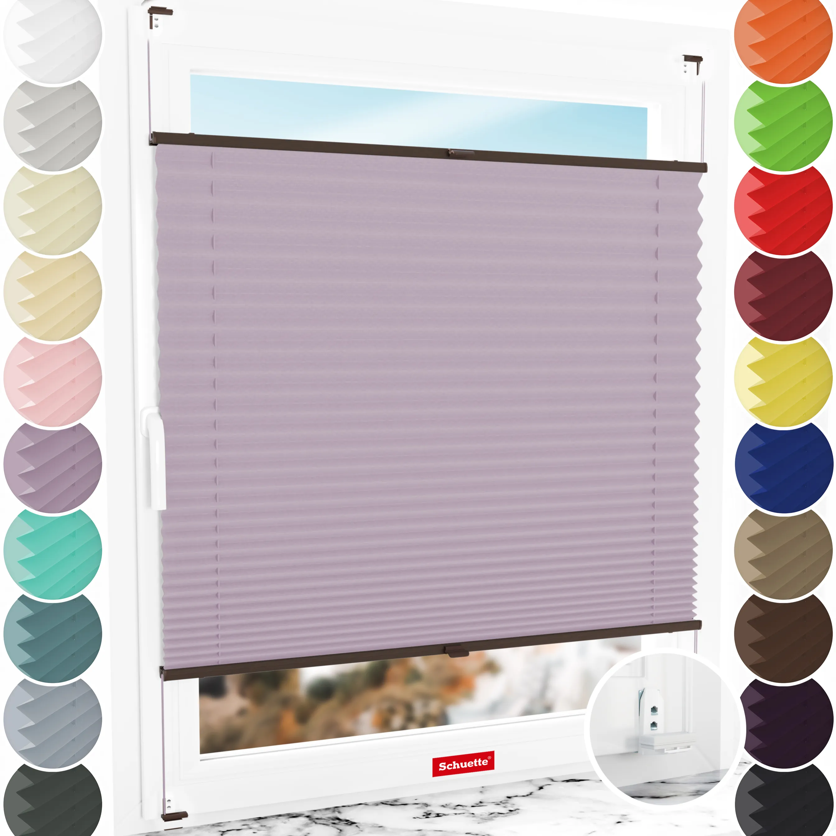 Schuette® Plissee mit Bohren nach Maß • Suprafix "Double 2in1" Schraub- & Klemmhalter • Thermo Kollektion: Pastel Grape (Lila) • Profilfarbe: Walnuss