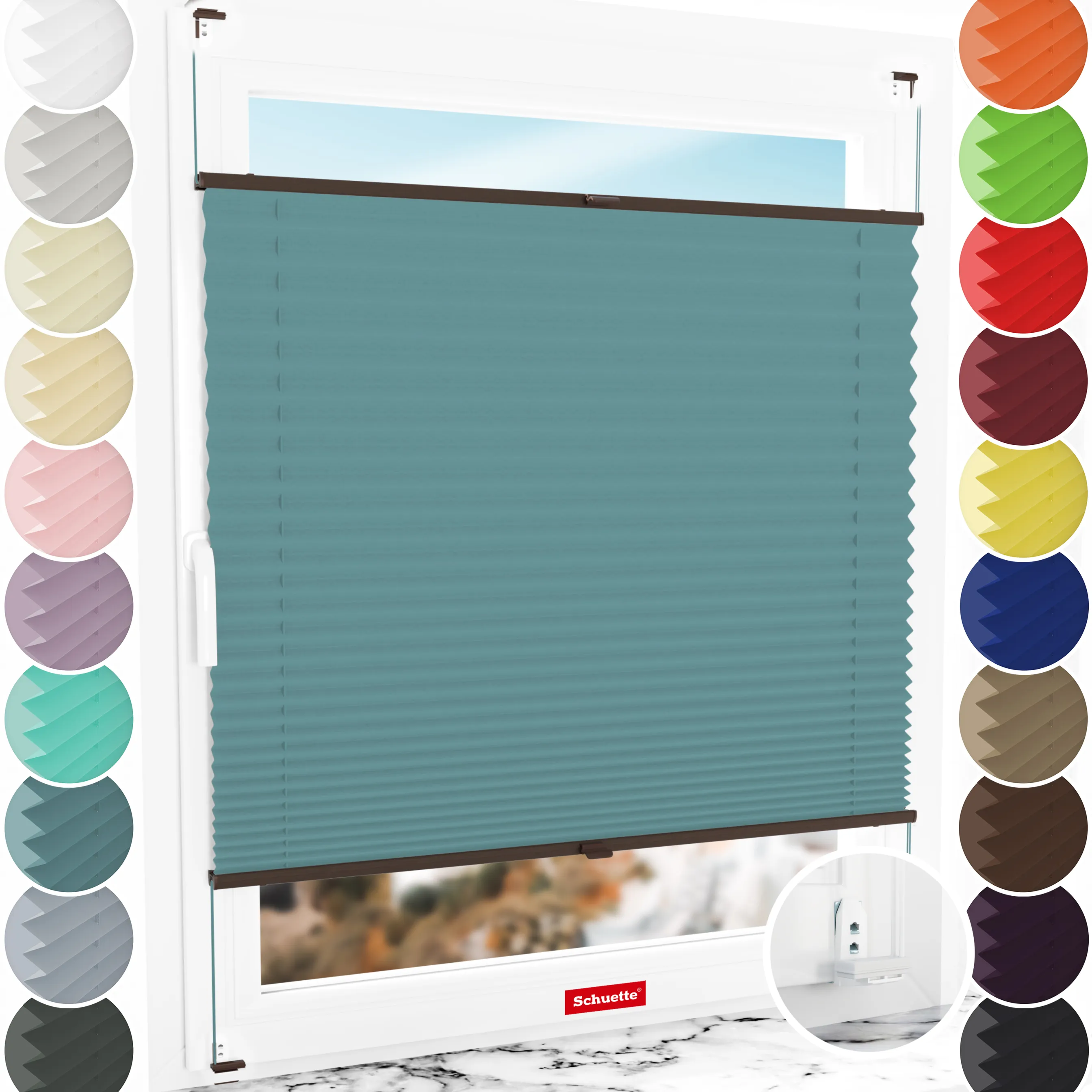 Schuette® Plissee mit Bohren nach Maß • Suprafix "Double 2in1" Schraub- & Klemmhalter • Thermo Kollektion: Teal Aura (Türkis) • Profilfarbe: Walnuss