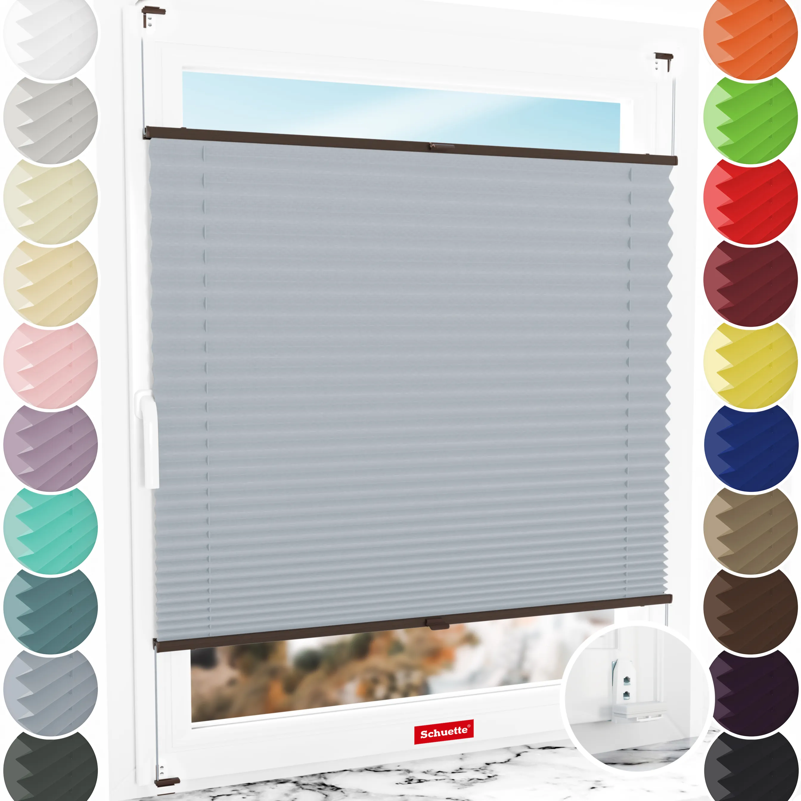 Schuette® Plissee mit Bohren nach Maß • Suprafix "Double 2in1" Schraub- & Klemmhalter • Thermo Kollektion: Iron Fog (Hellgrau) • Profilfarbe: Walnuss