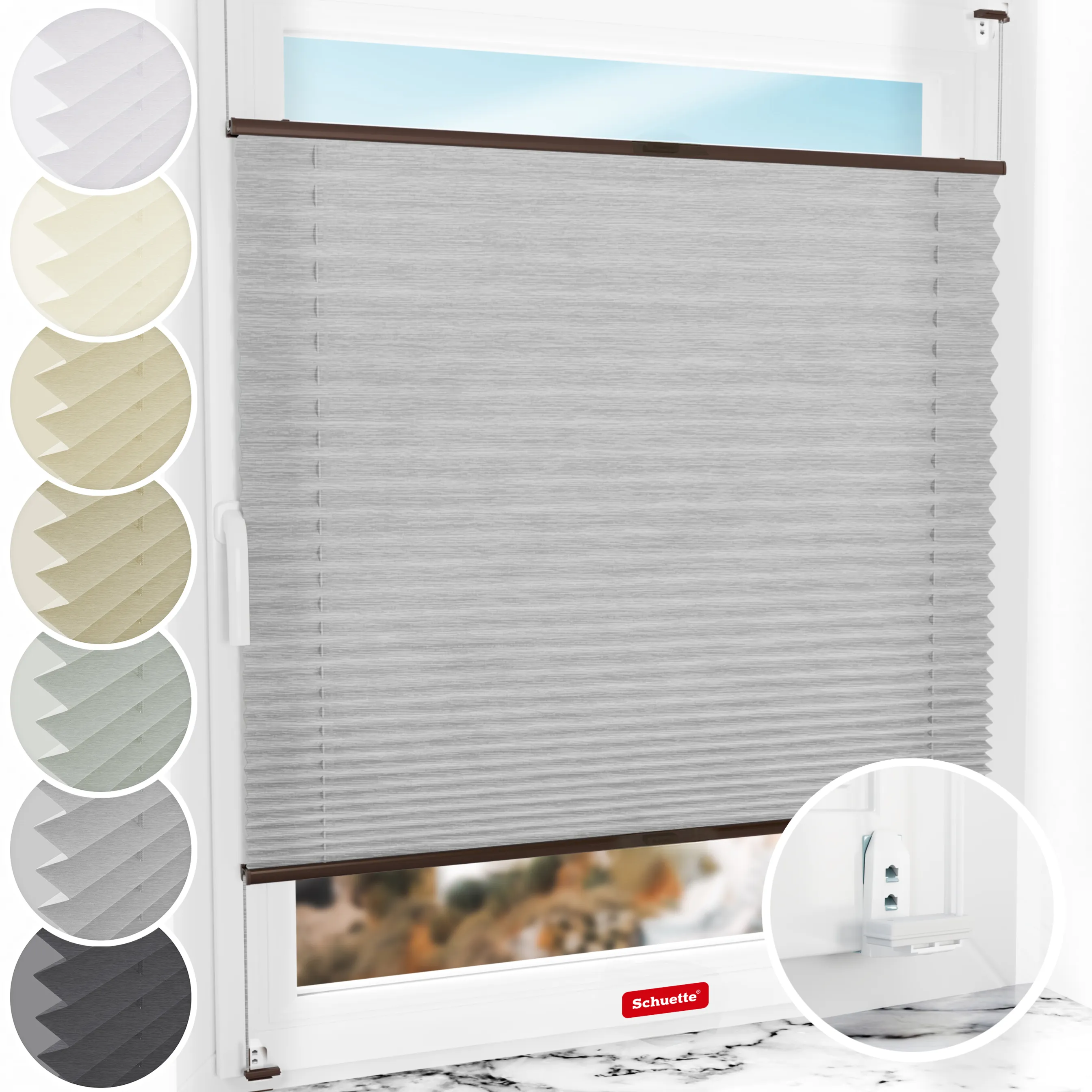 Schuette® Plissee mit Bohren nach Maß • Suprafix "Double 2in1" Schraub- & Klemmhalter • Dolomite Kollektion: Storm Gray (Grau) • Profilfarbe: Braun