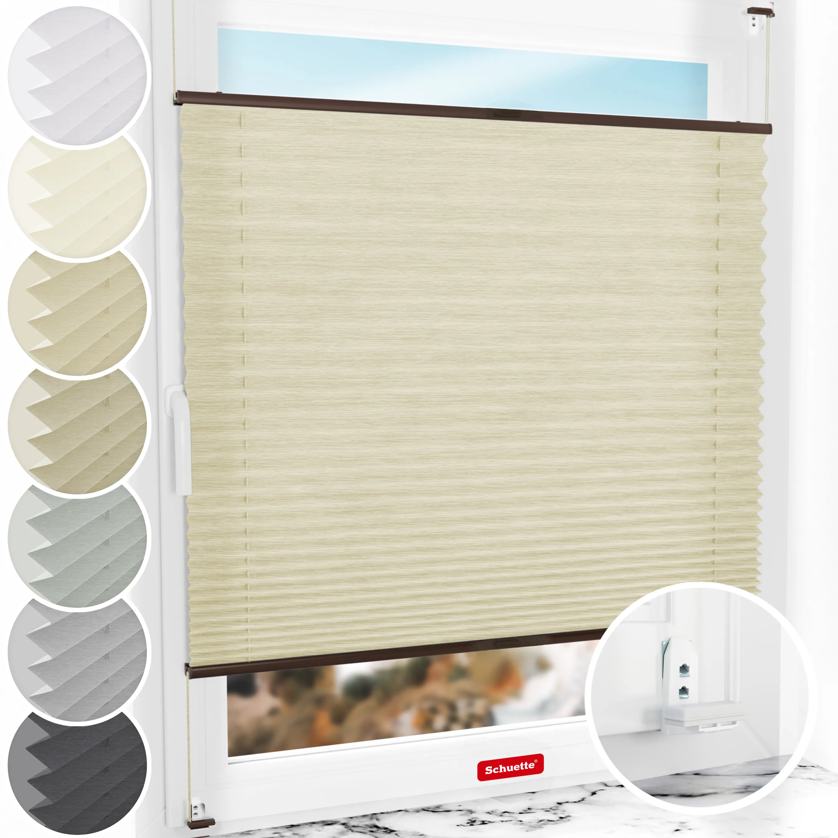 Schuette® Plissee mit Bohren nach Maß • Suprafix "Double 2in1" Schraub- & Klemmhalter • Dolomite Kollektion: Wet Stand (Beige) • Profilfarbe: Braun