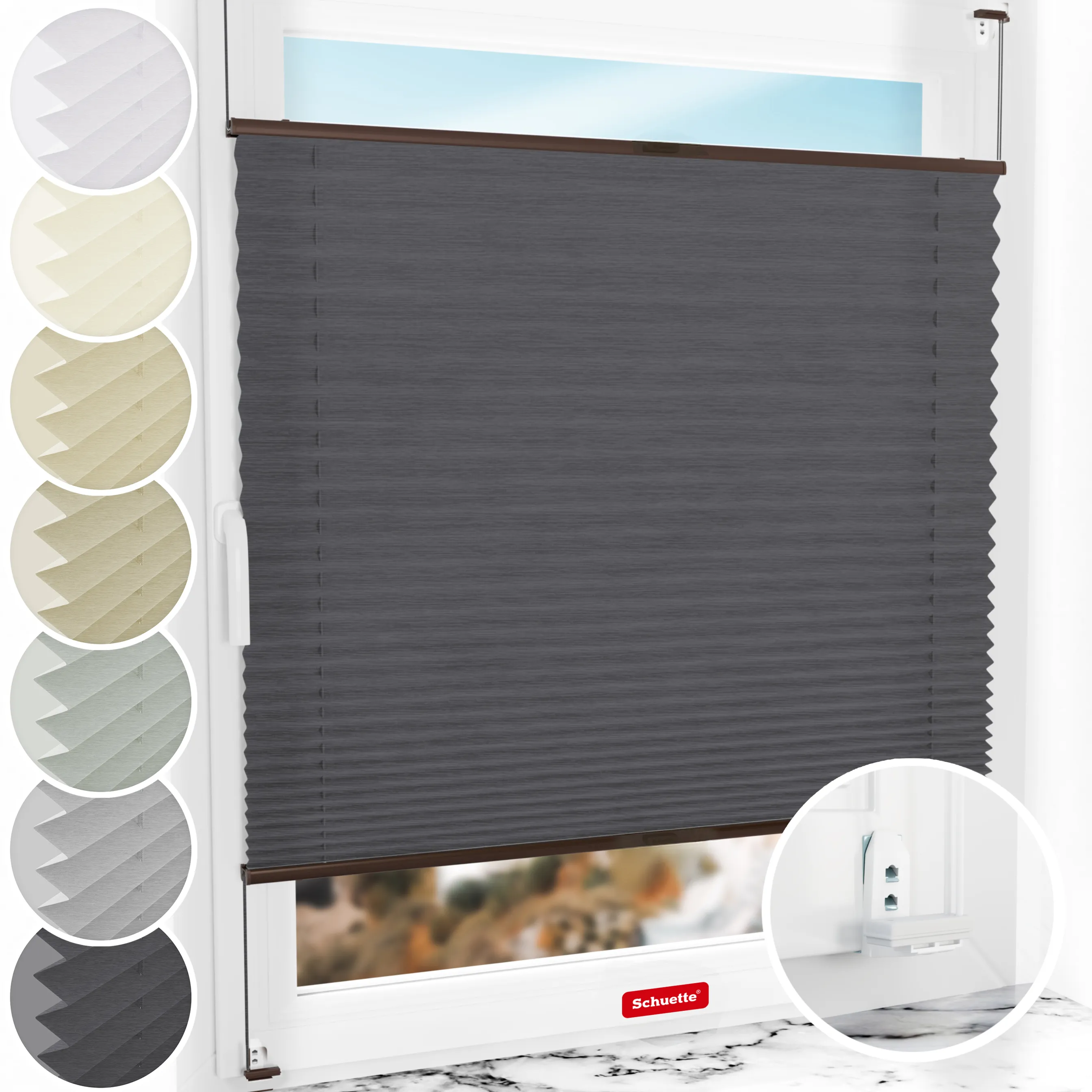 Schuette® Plissee mit Bohren nach Maß • Suprafix "Double 2in1" Schraub- & Klemmhalter • Dolomite Kollektion: Dark Vintage (Grau) • Profilfarbe: Braun