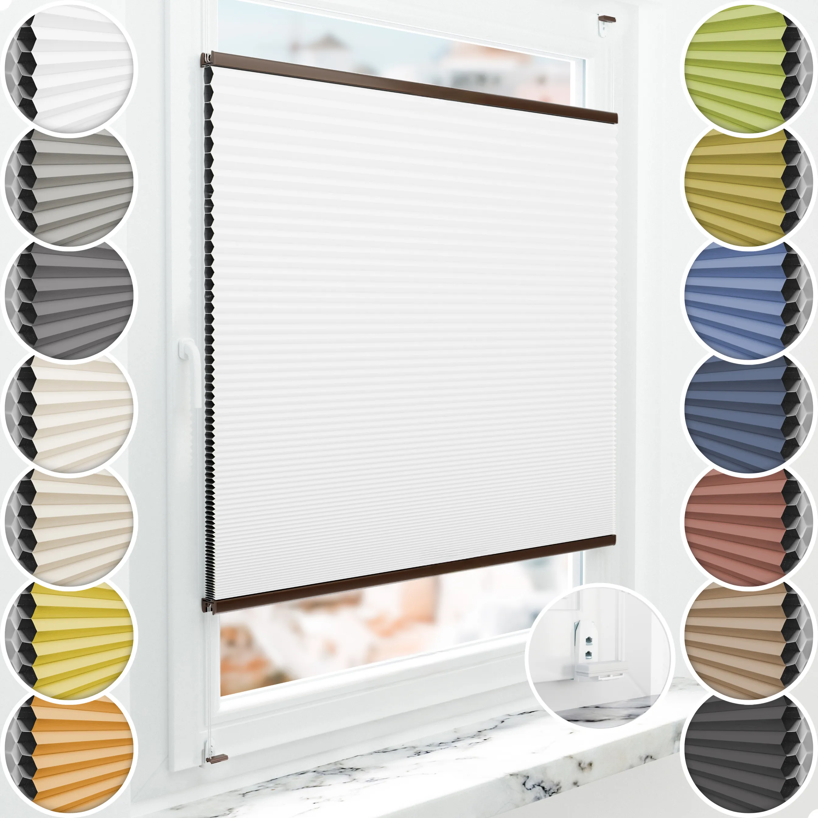 Schuette® Wabenplissee mit Bohren nach Maß • Suprafix "Double 2in1" Schraub- & Klemmhalter • Honey Kollektion: Moonlight (Weiß) • Profilfarbe: Braun