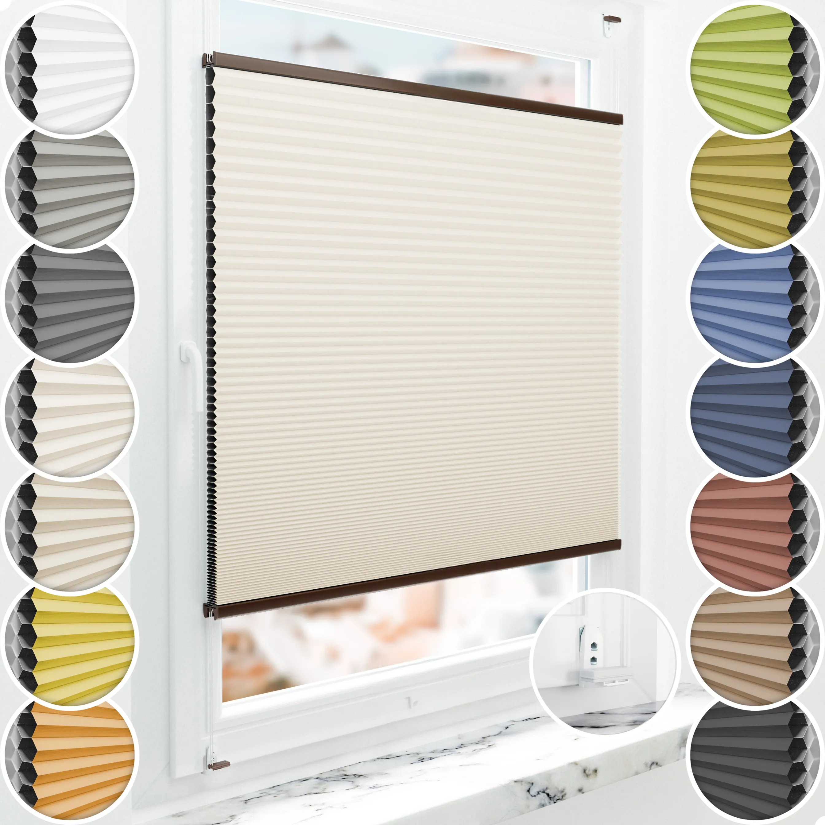 Schuette® Wabenplissee mit Bohren nach Maß • Suprafix "Double 2in1" Schraub- & Klemmhalter • Honey Kollektion: Calm Coast (Beige) • Profilfarbe: Braun