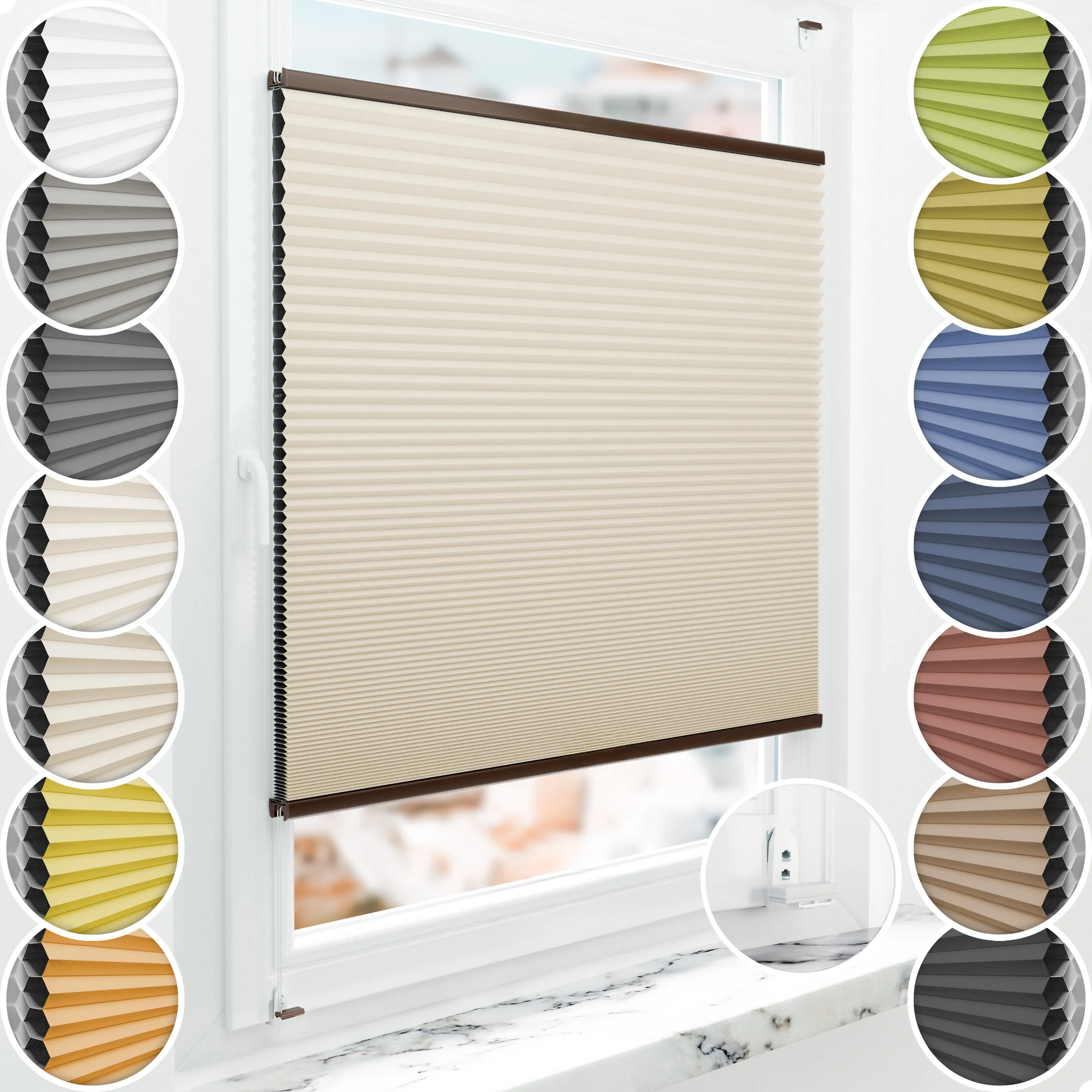 Schuette® Wabenplissee mit Bohren nach Maß • Suprafix "Double 2in1" Schraub- & Klemmhalter • Honey Kollektion: The Dune (Beige) • Profilfarbe: Braun