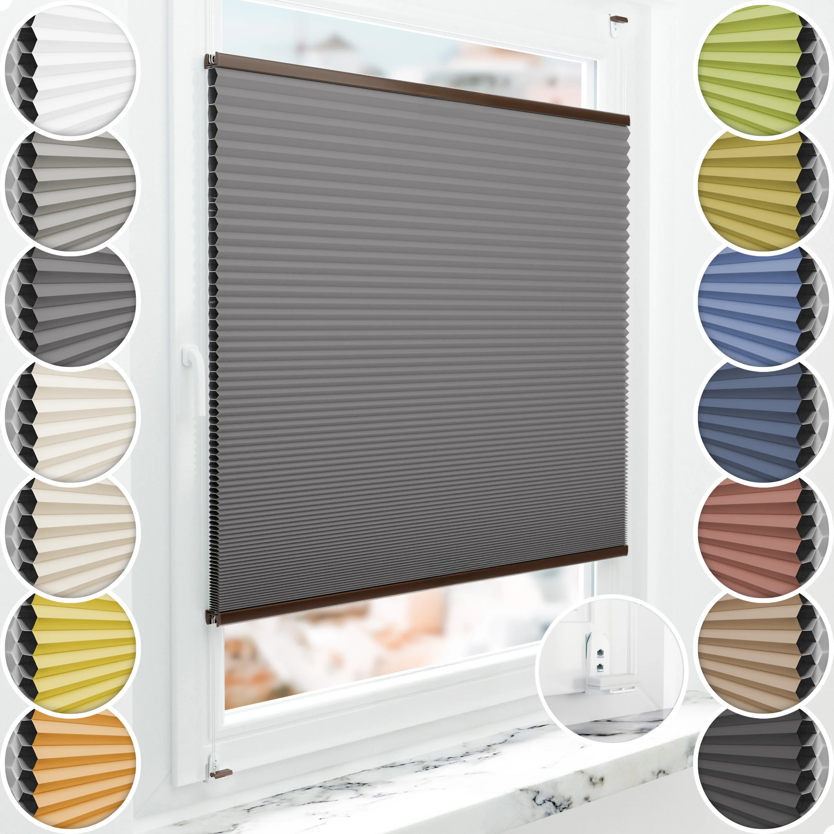 Schuette® Wabenplissee mit Bohren nach Maß • Suprafix "Double 2in1" Schraub- & Klemmhalter • Honey Kollektion: Twilight Tango (Grau) • Profilfarbe: Braun