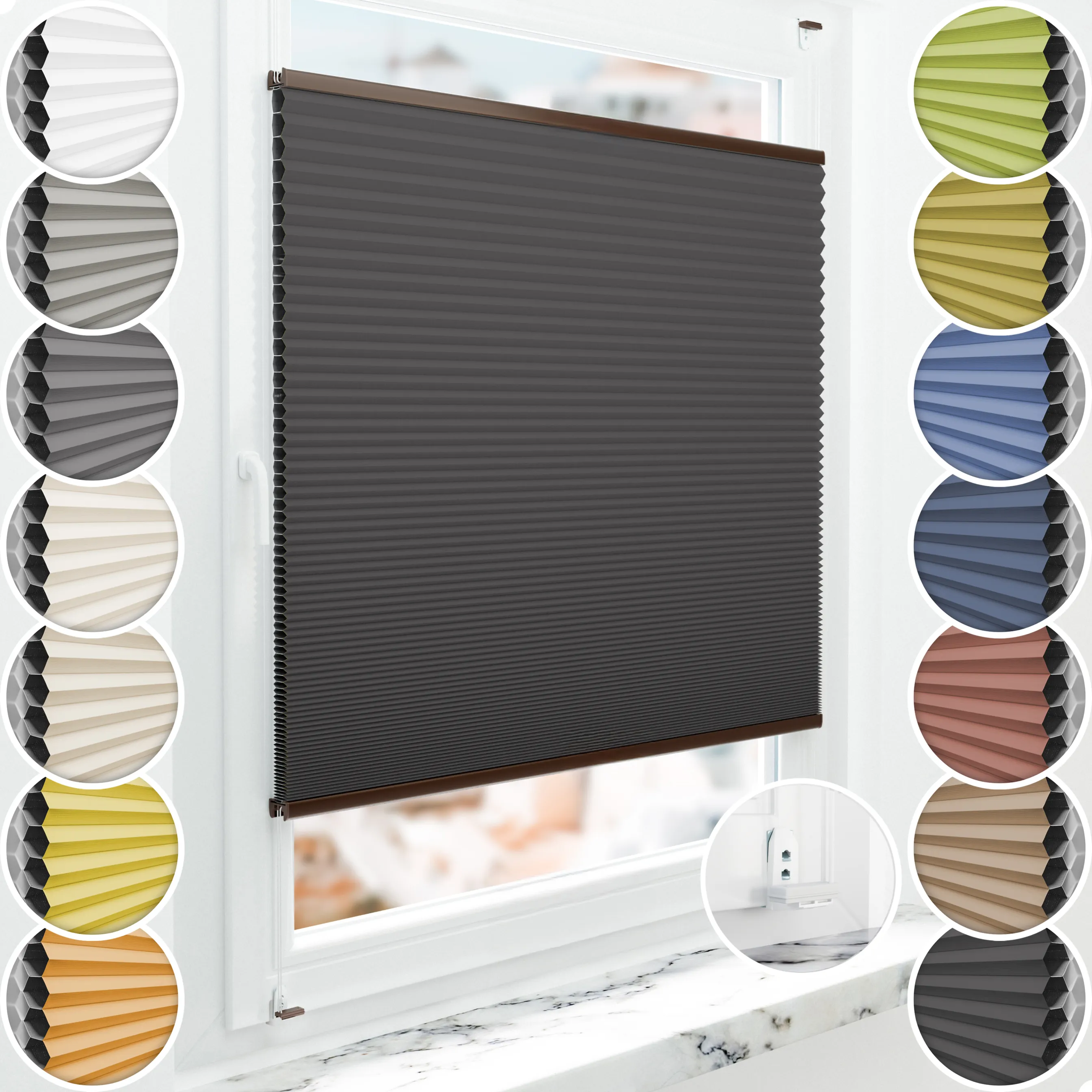 Schuette® Wabenplissee mit Bohren nach Maß • Suprafix "Double 2in1" Schraub- & Klemmhalter • Honey Kollektion: Starry Night (Schwarz) • Profilfarbe: Braun