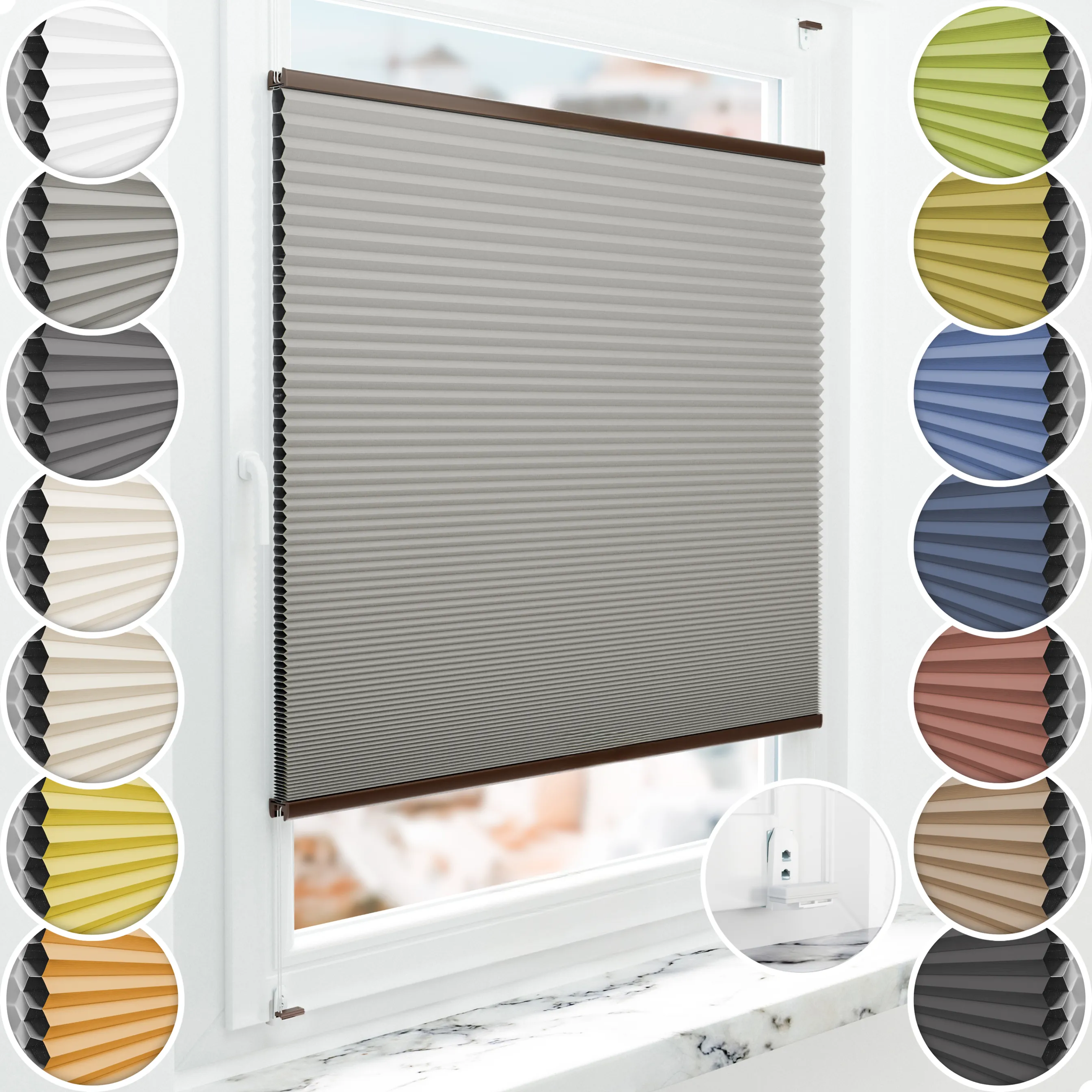 Schuette® Wabenplissee mit Bohren nach Maß • Suprafix "Double 2in1" Schraub- & Klemmhalter • Honey Kollektion: Silver Mist (Grau) • Profilfarbe: Braun