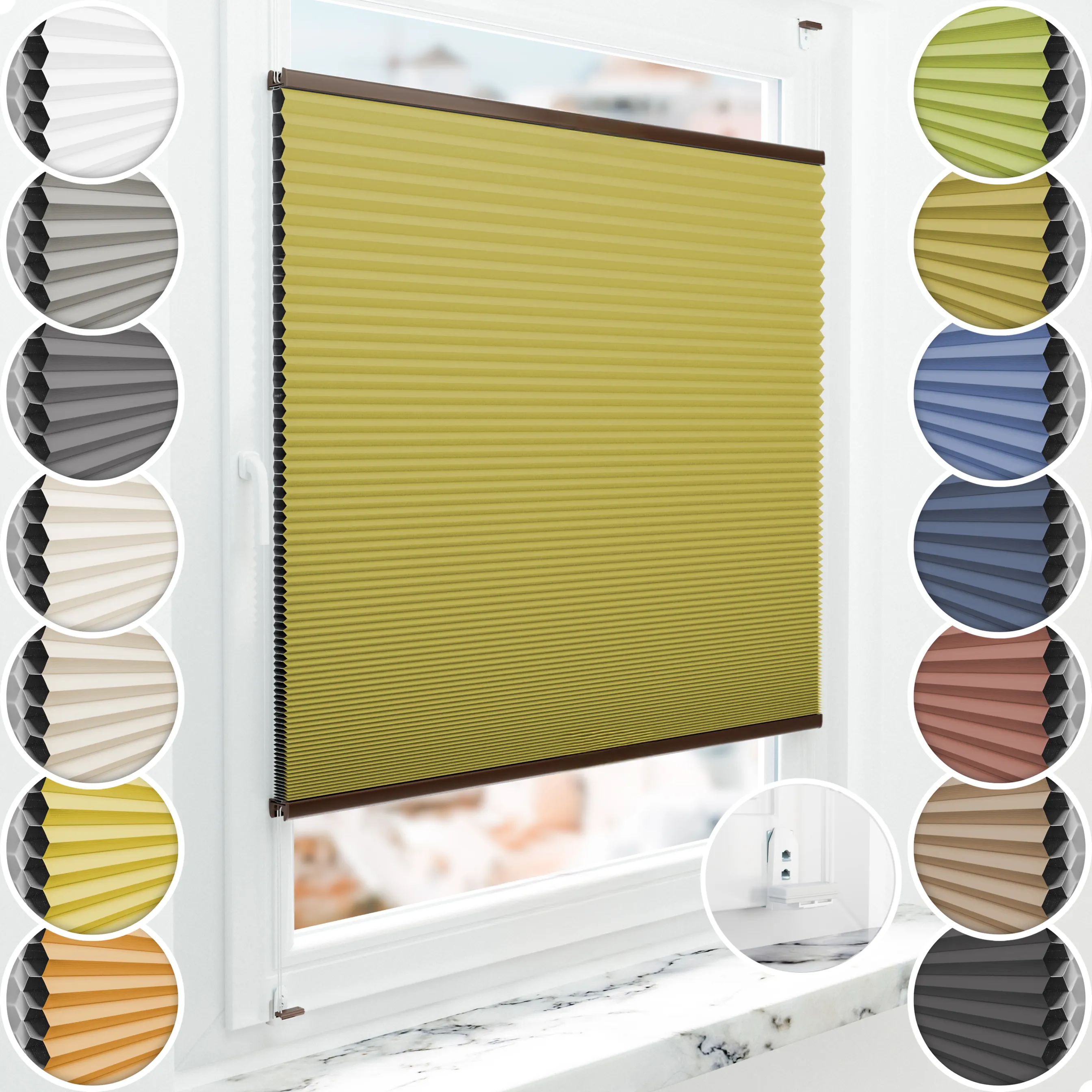 Schuette® Wabenplissee mit Bohren nach Maß • Suprafix "Double 2in1" Schraub- & Klemmhalter • Honey Kollektion: Olive Branch (Olivgrün) • Profilfarbe: Braun